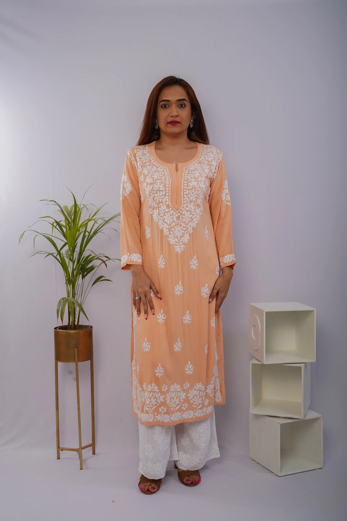 Peach Heavy Rayon Kurti with White Chikankari Handwork