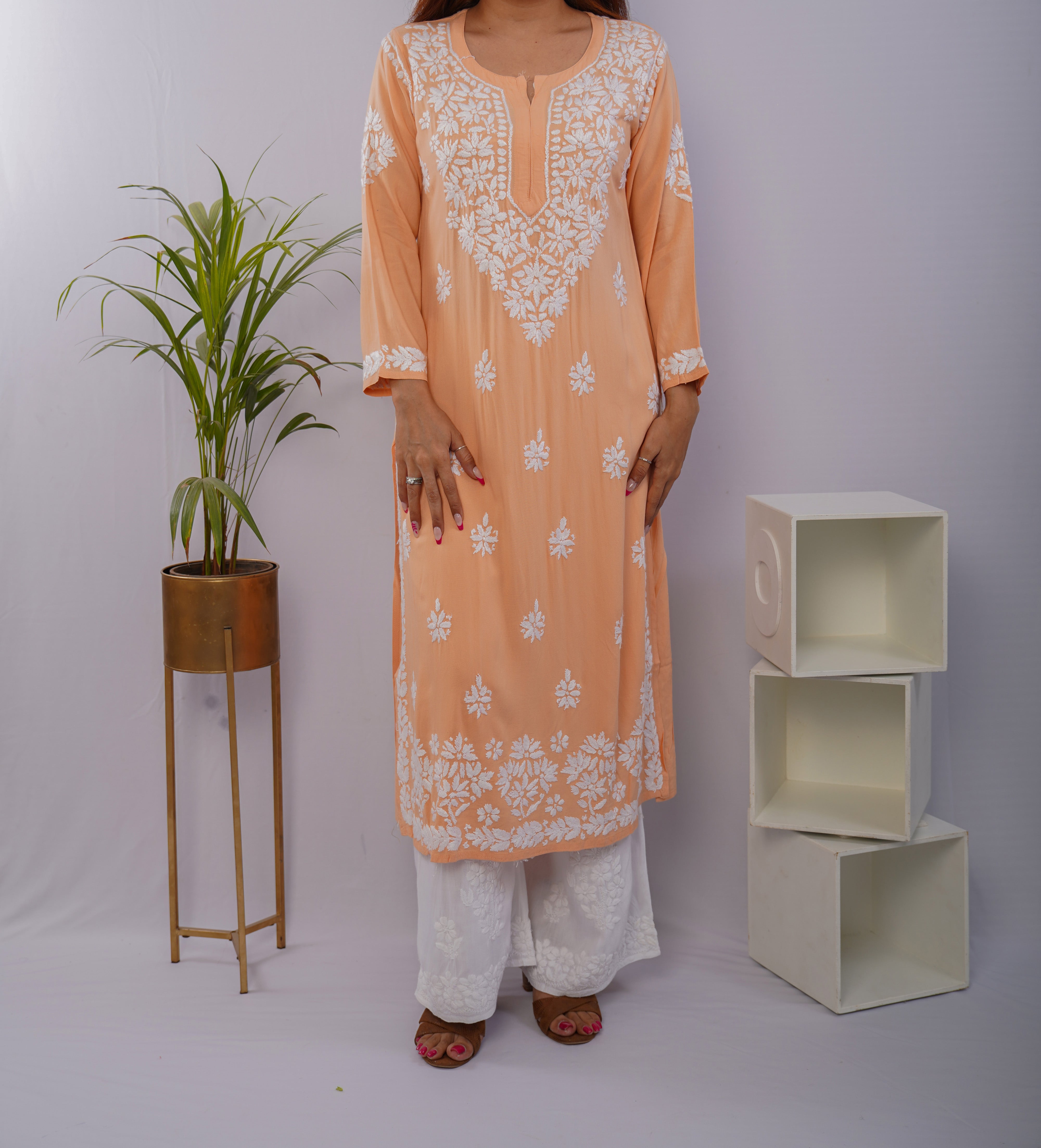 Peach Heavy Rayon Kurti with White Chikankari Handwork
