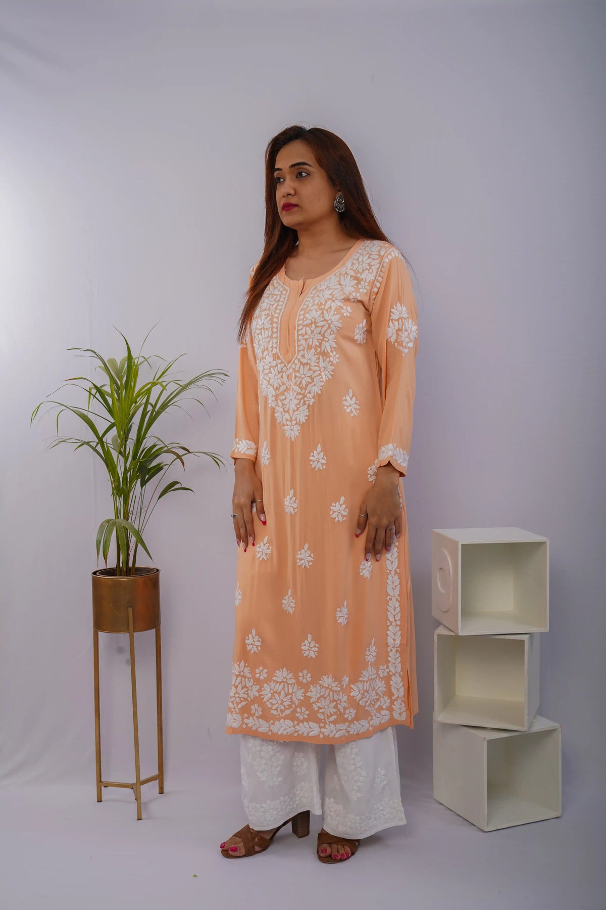 Peach Heavy Rayon Kurti with White Chikankari Handwork
