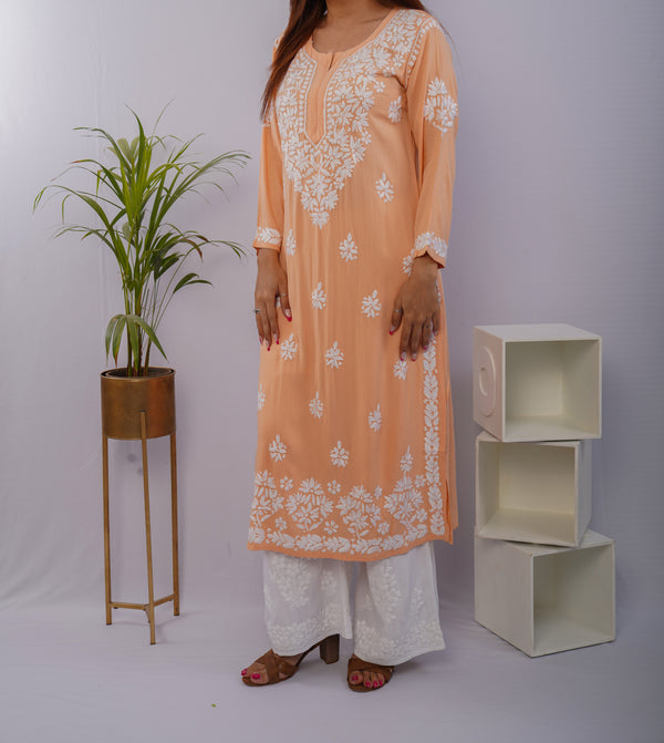 Peach Heavy Rayon Kurti with White Chikankari Handwork