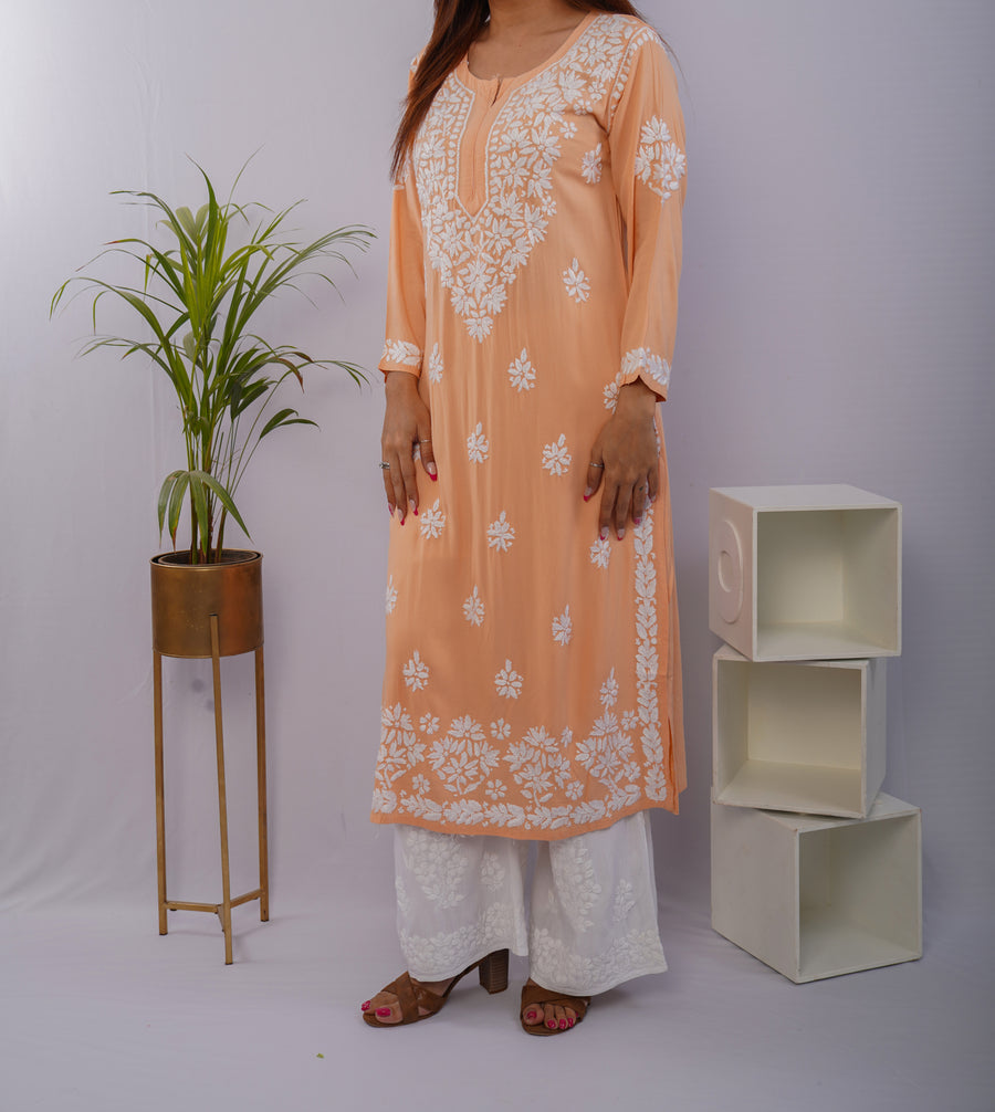 Peach Heavy Rayon Kurti with White Chikankari Handwork