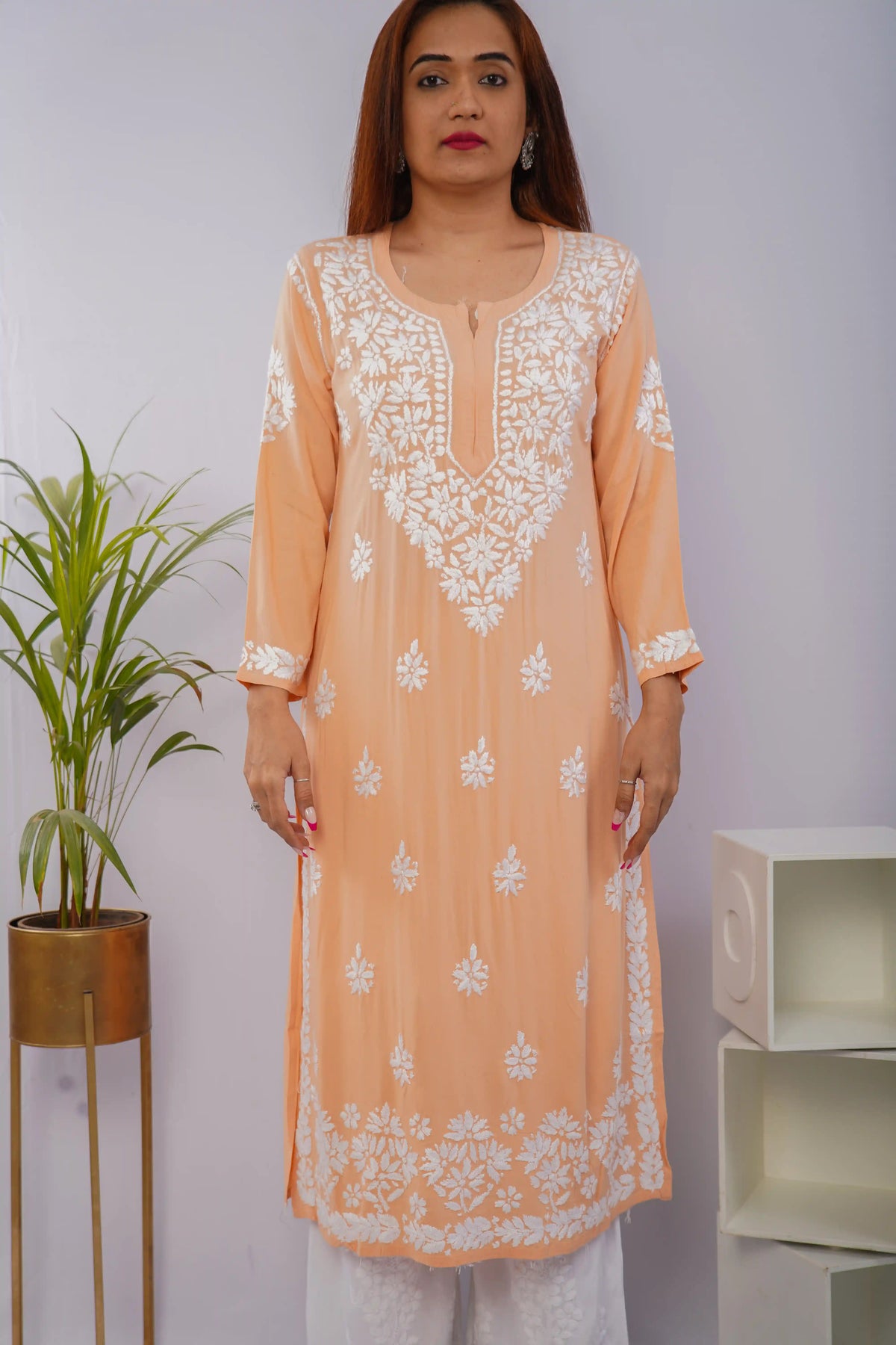 Peach Heavy Rayon Kurti with White Chikankari Handwork