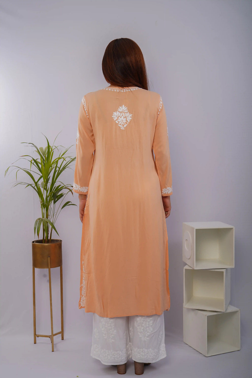 Peach Heavy Rayon Kurti with White Chikankari Handwork