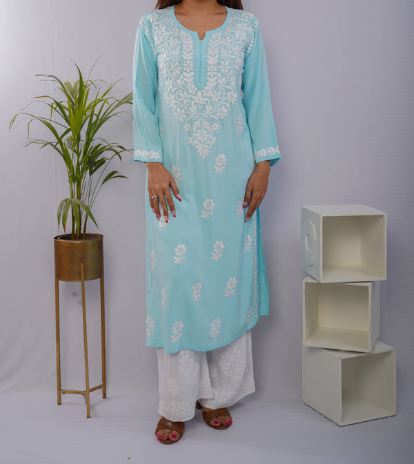 Sky Blue Heavy Rayon Kurti with White Chikankari Handwork