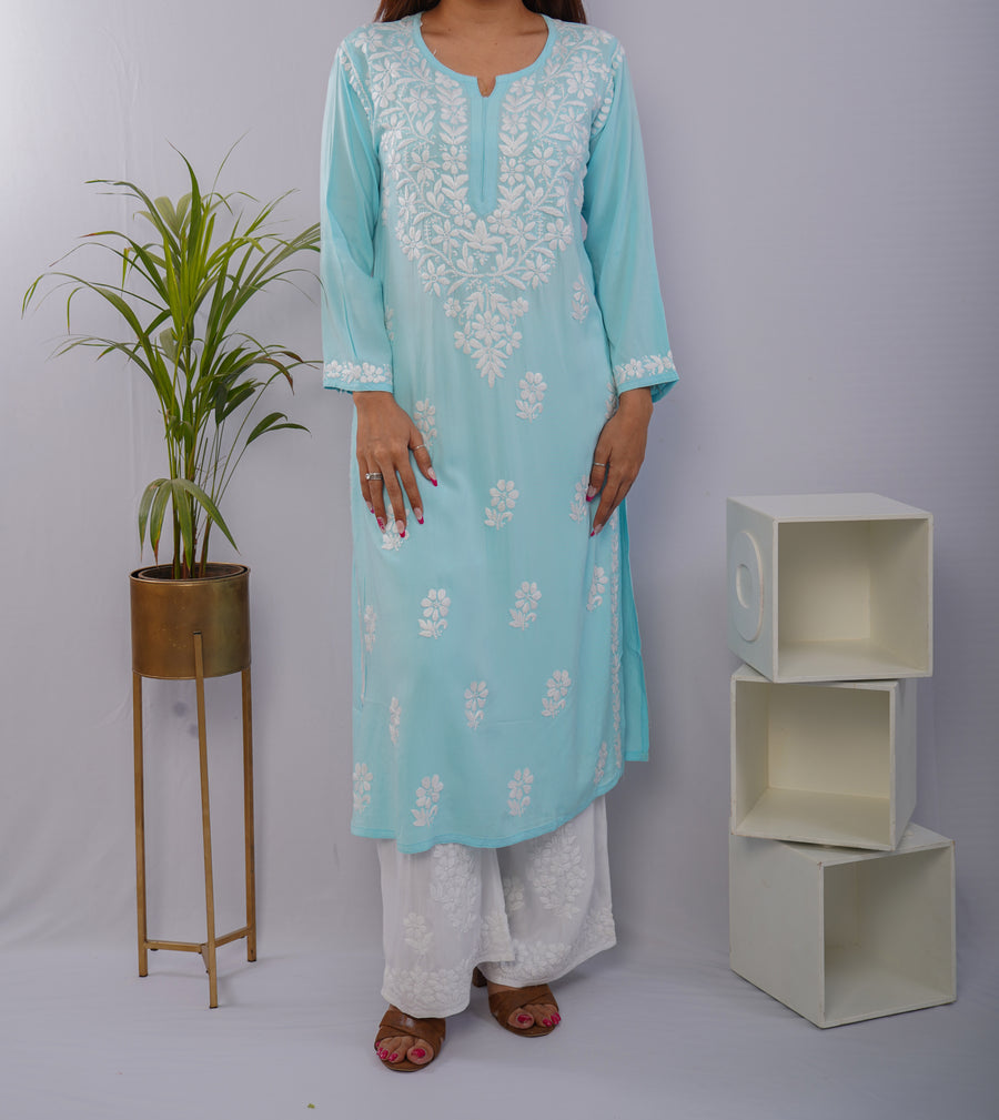 Sky Blue Heavy Rayon Kurti with White Chikankari Handwork