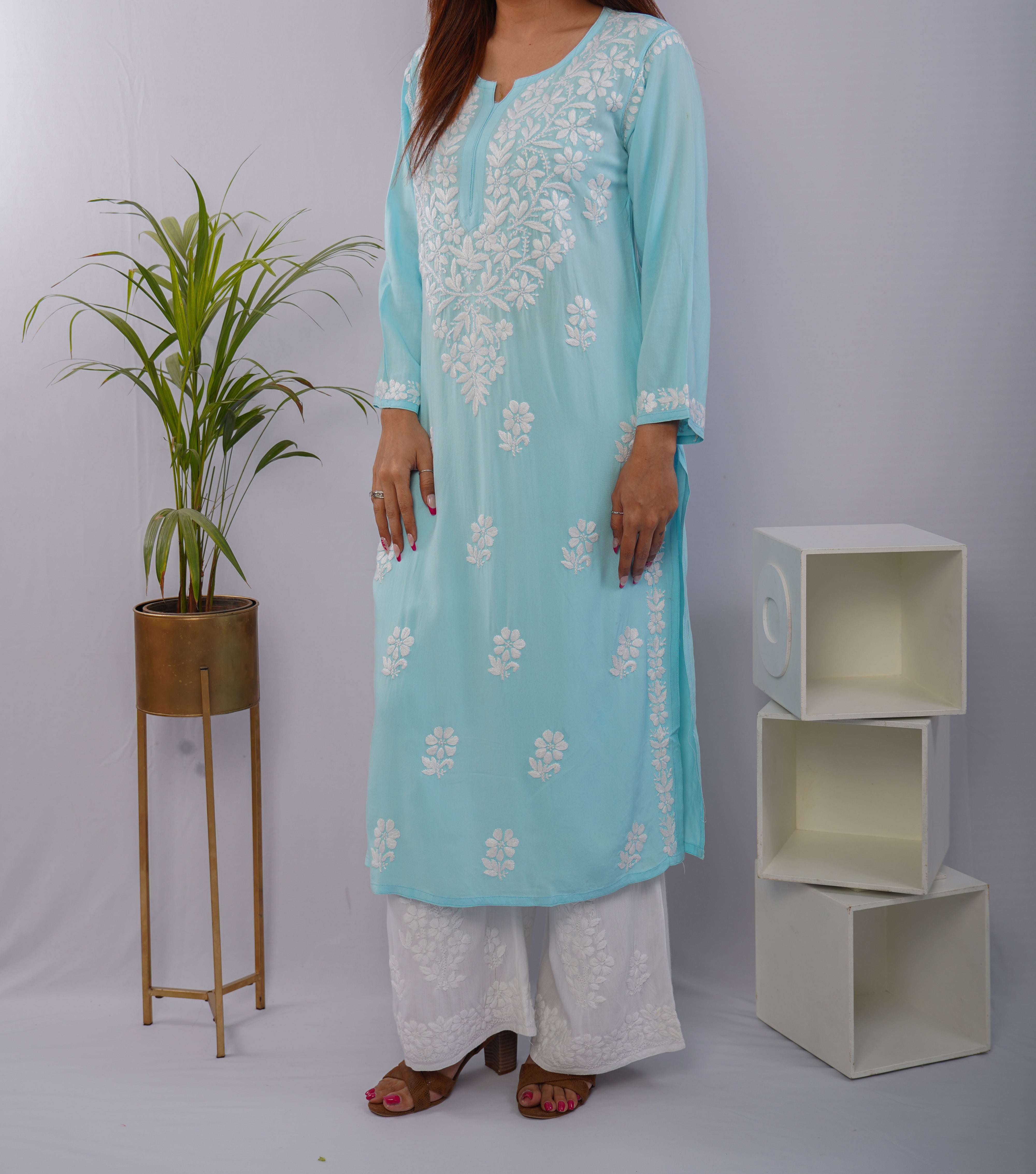 Sky Blue Heavy Rayon Kurti with White Chikankari Handwork