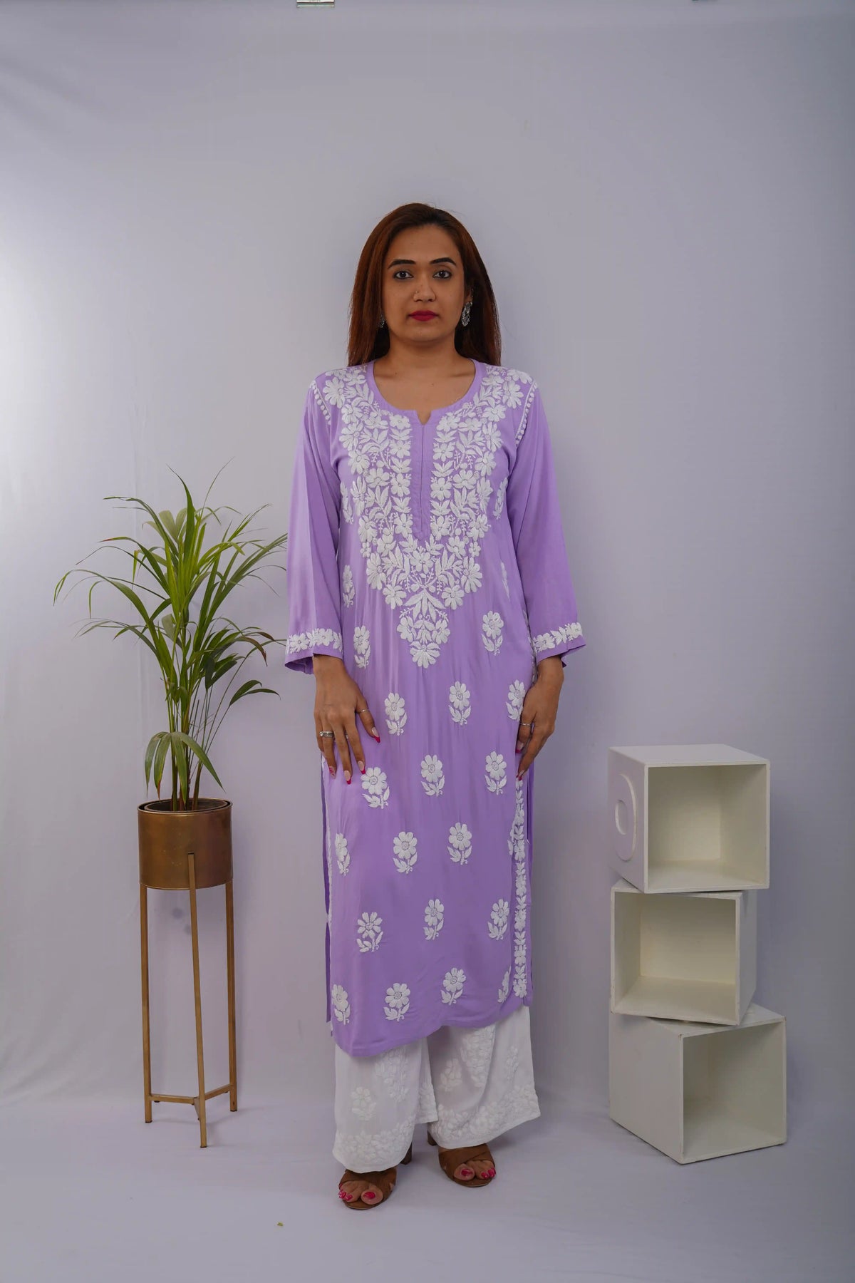 Lavender Heavy Rayon Kurti with White Chikankari Hand Embroidery