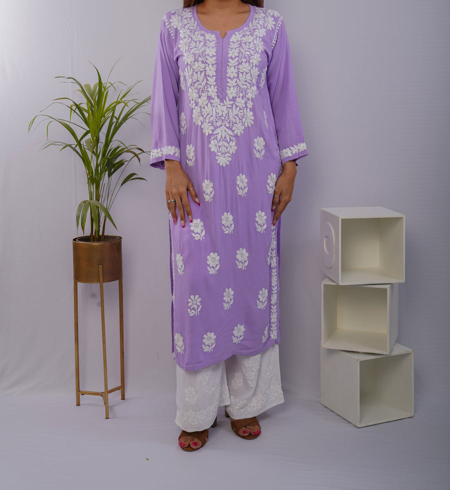 Lavender Heavy Rayon Kurti with White Chikankari Hand Embroidery