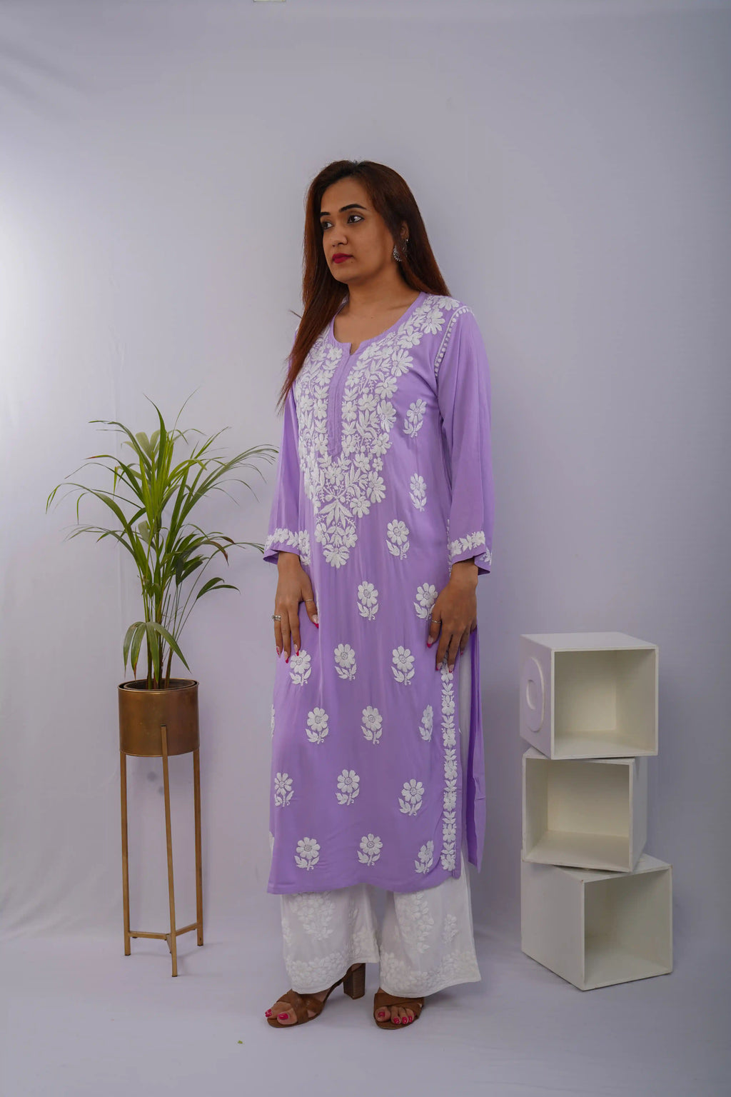 Lavender Heavy Rayon Kurti with White Chikankari Hand Embroidery