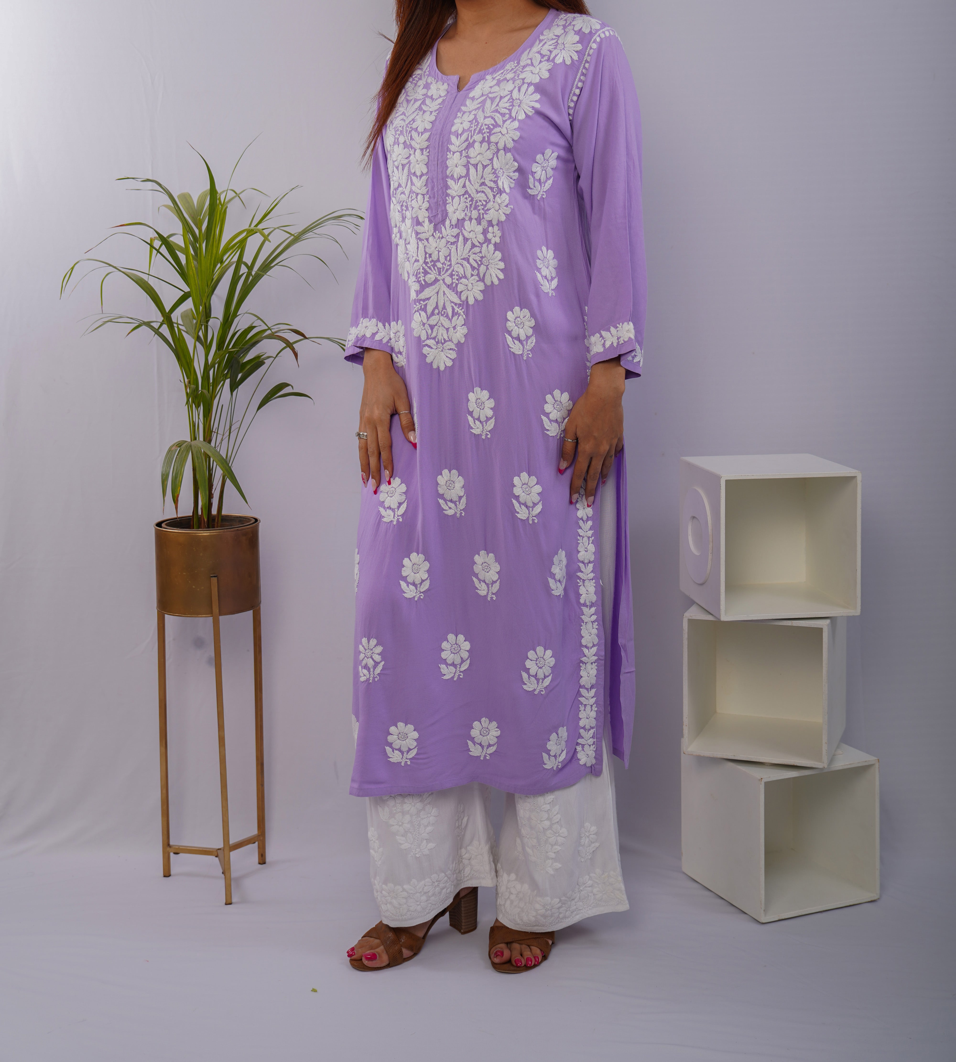 Lavender Heavy Rayon Kurti with White Chikankari Hand Embroidery