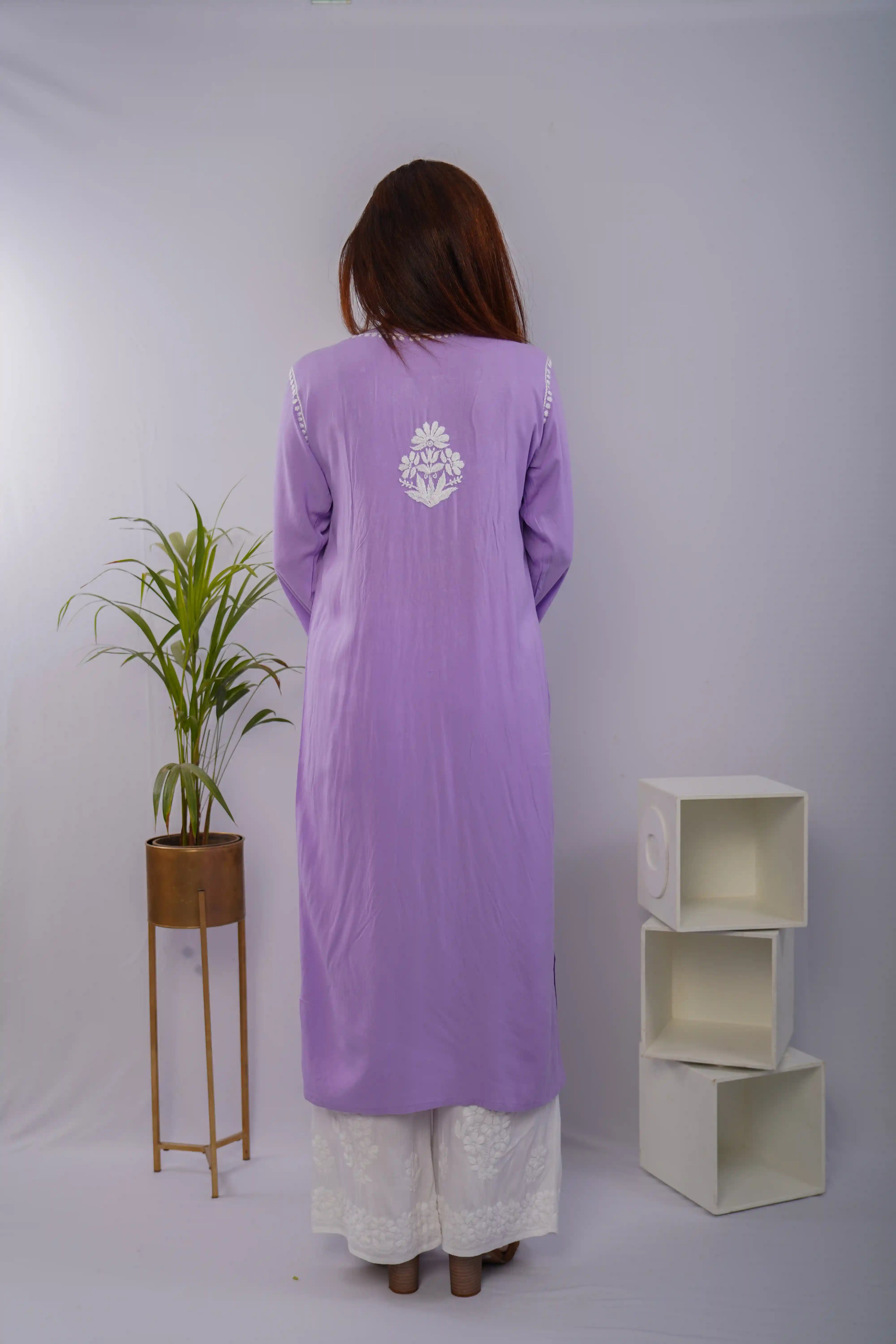 Lavender Heavy Rayon Kurti with White Chikankari Hand Embroidery