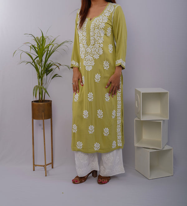 Olive Green Heavy Rayon Kurti with White Handwork Chikankari Embroidery