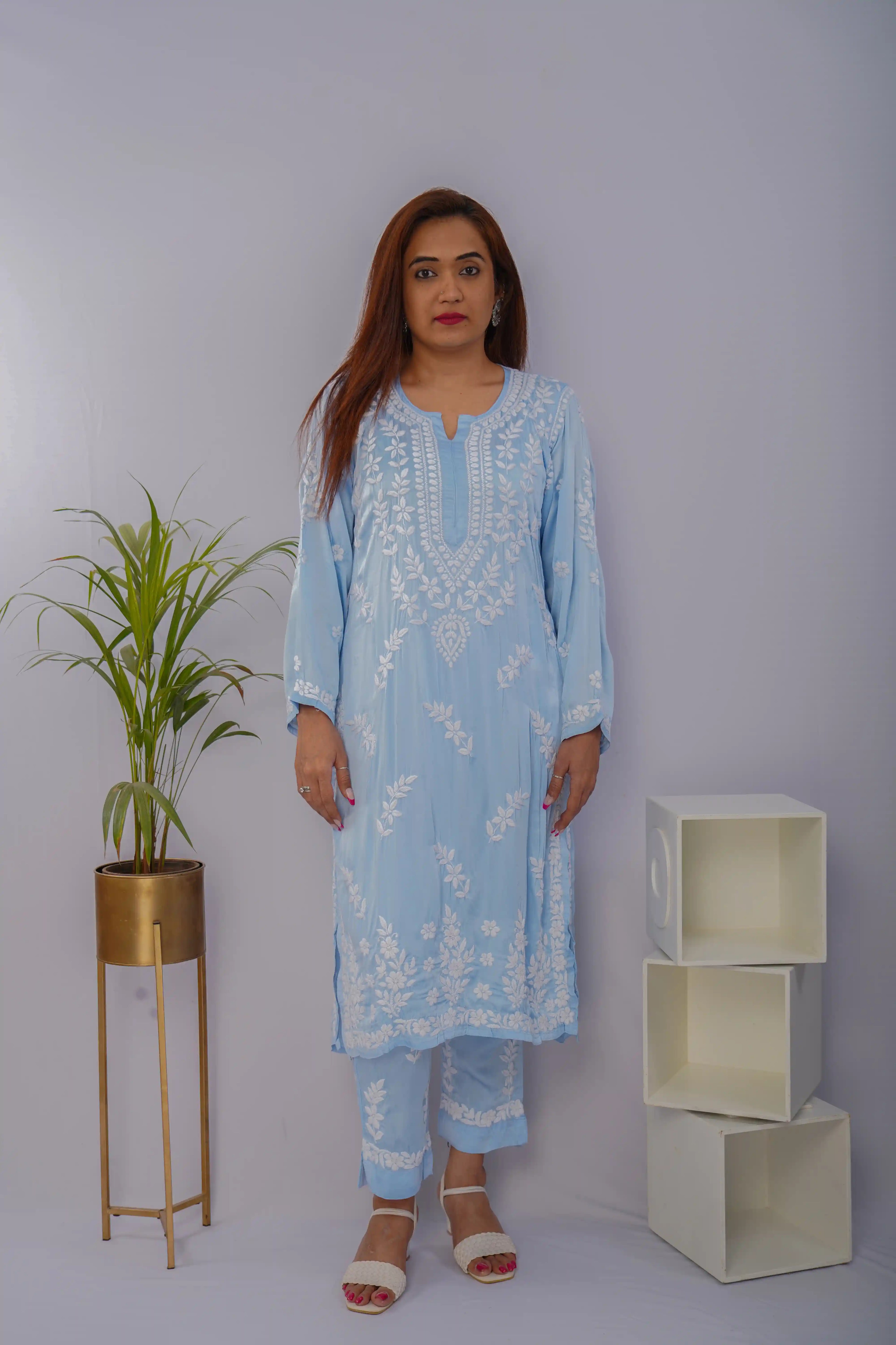 Serene Sky Blue Chikankari Kurta Set in Premium Modal Satin