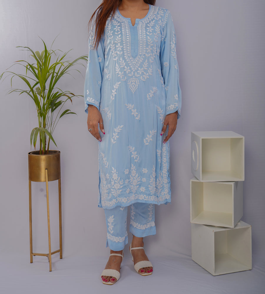 Serene Sky Blue Chikankari Kurta Set in Premium Modal Satin