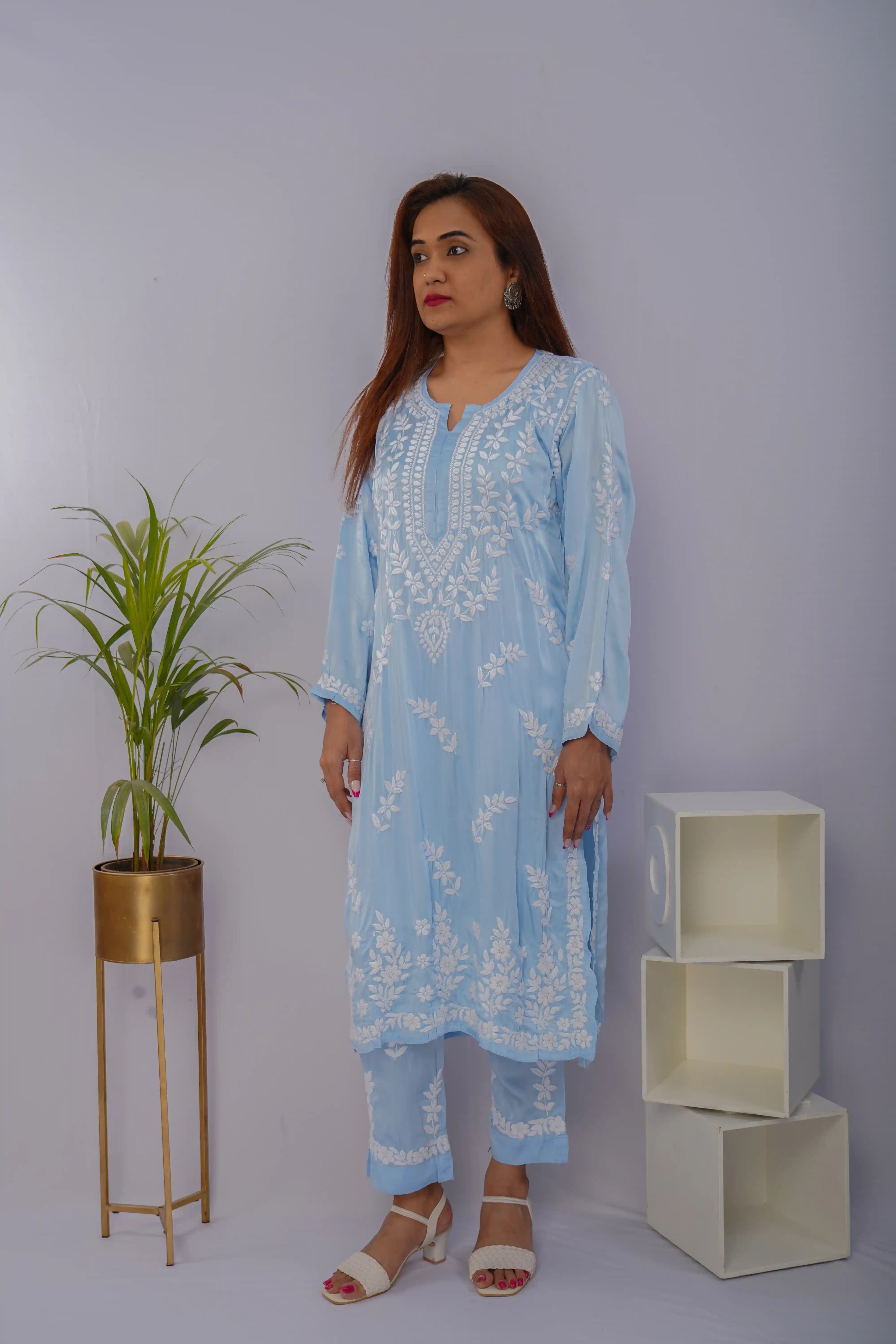Serene Sky Blue Chikankari Kurta Set in Premium Modal Satin