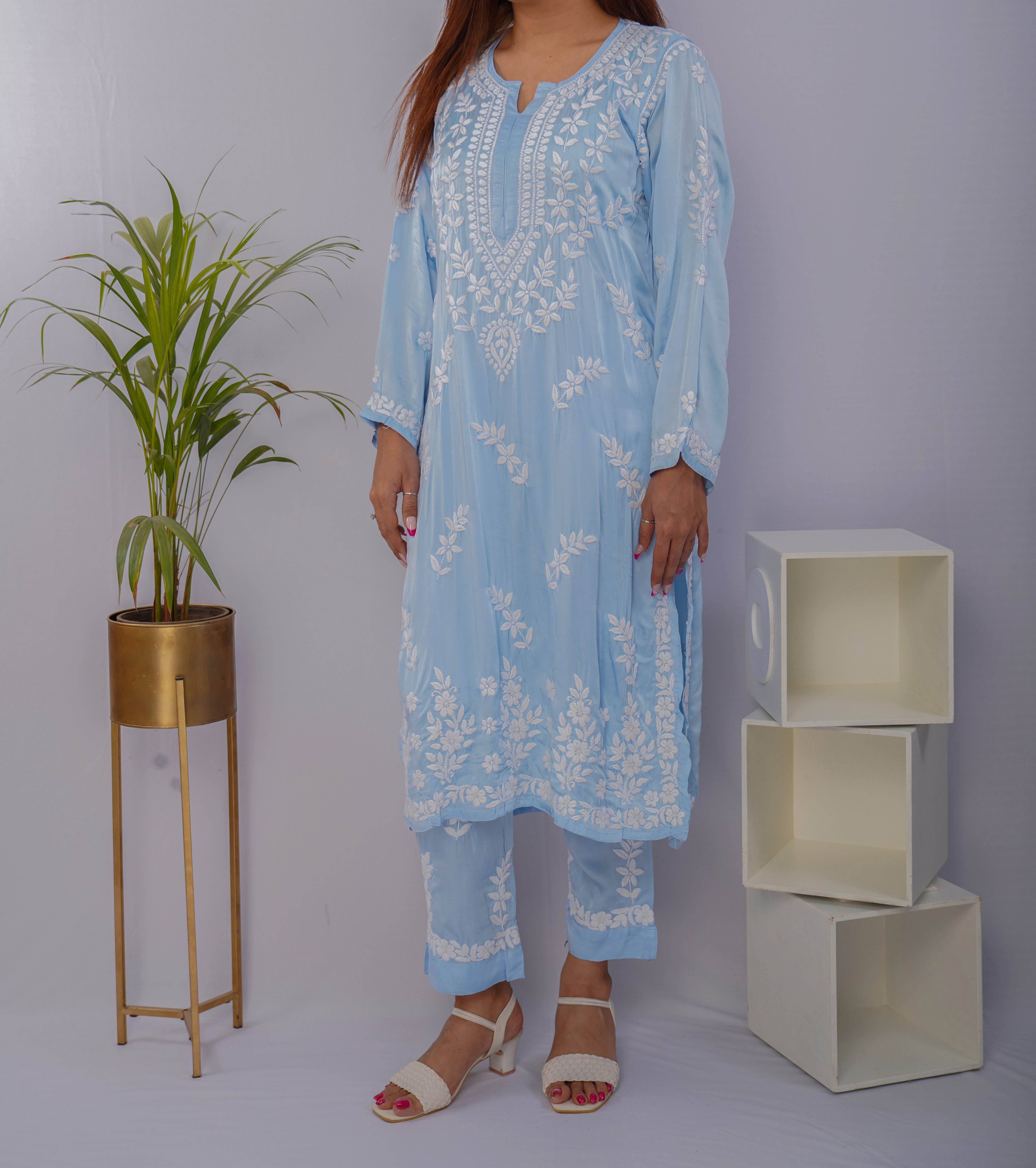 Serene Sky Blue Chikankari Kurta Set in Premium Modal Satin