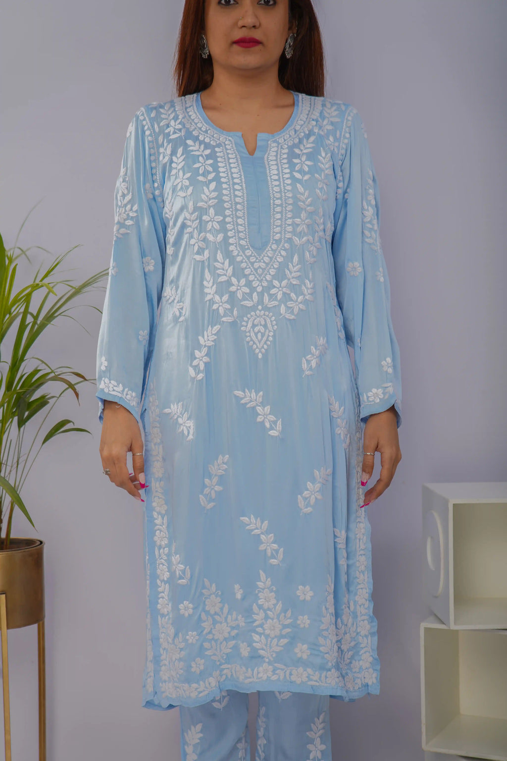 Serene Sky Blue Chikankari Kurta Set in Premium Modal Satin
