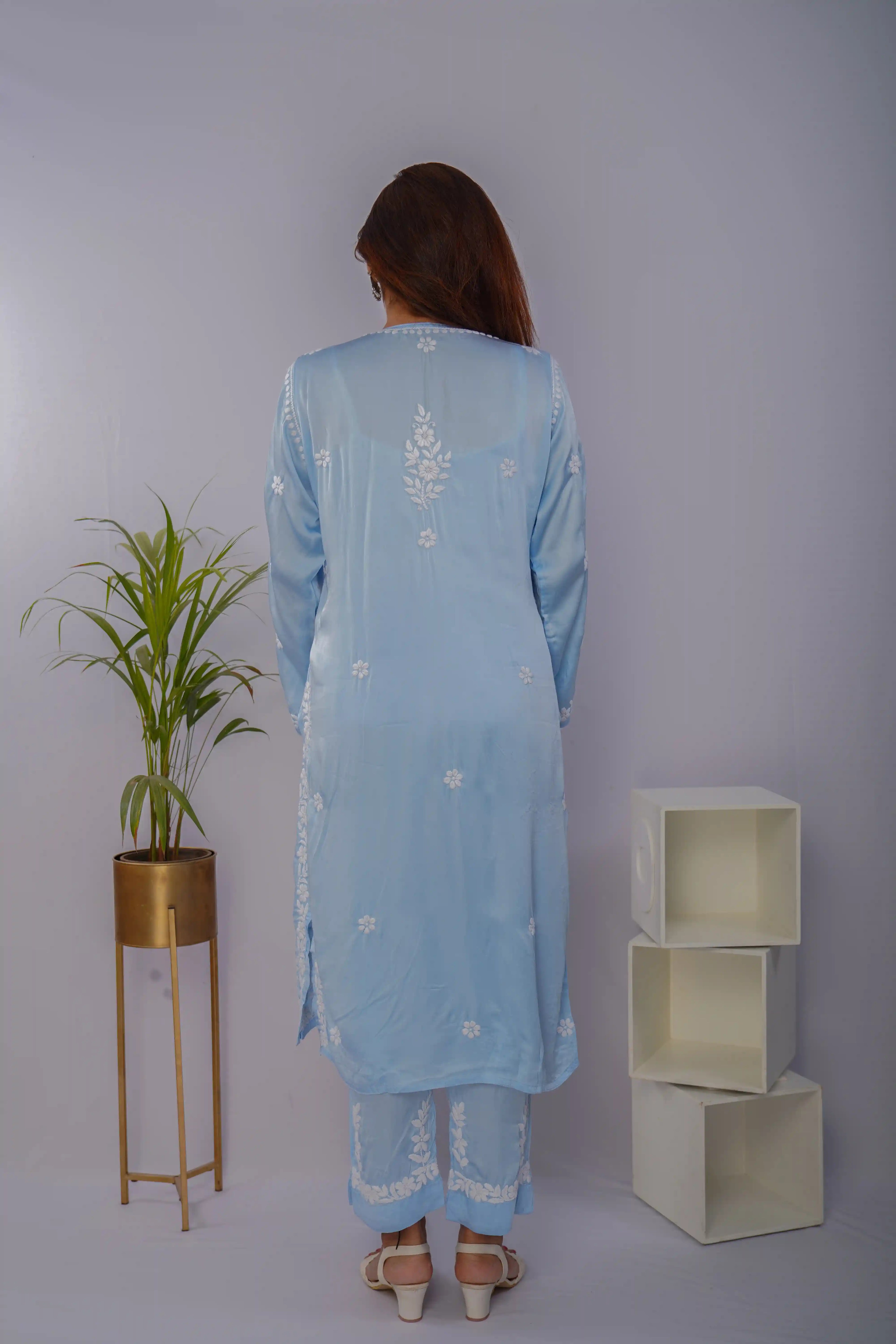Serene Sky Blue Chikankari Kurta Set in Premium Modal Satin
