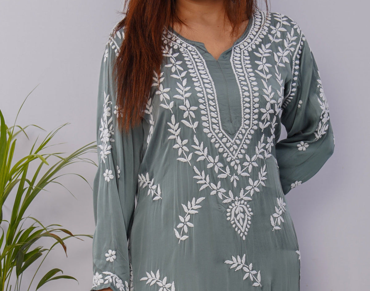 Elegant Sage Green Chikankari Kurta Set in Premium Modal Satin