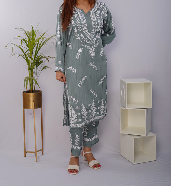 Elegant Sage Green Chikankari Kurta Set in Premium Modal Satin