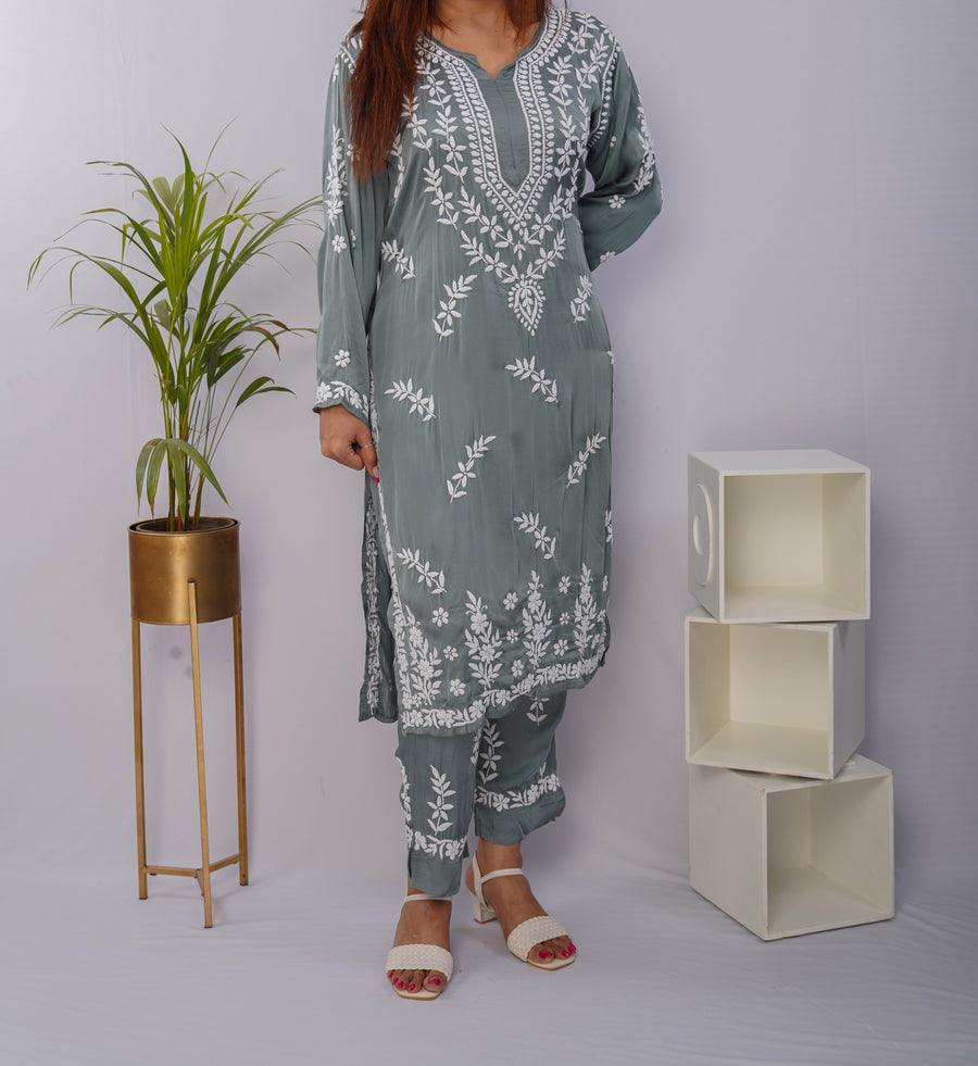 Elegant Sage Green Chikankari Kurta Set in Premium Modal Satin