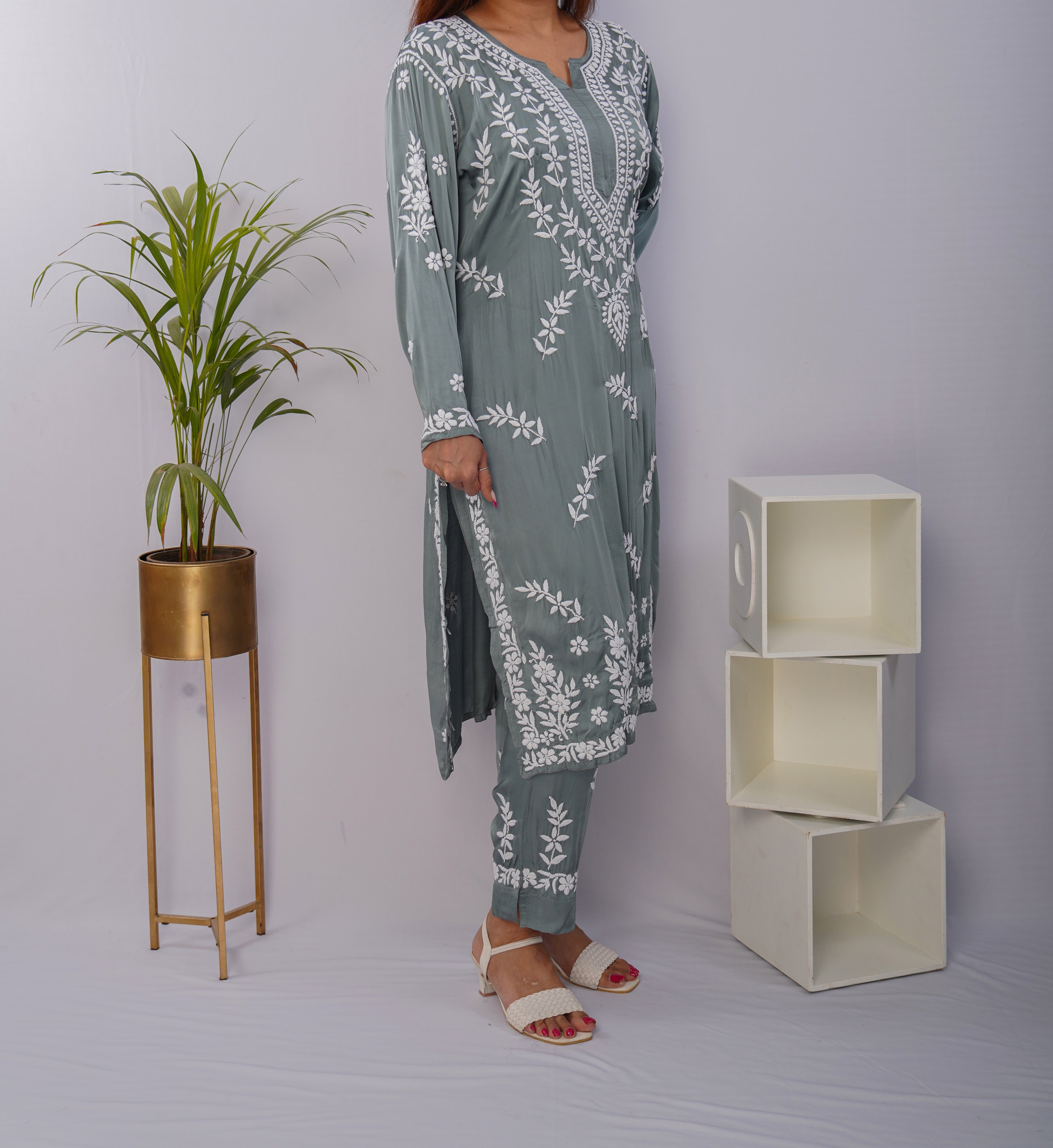 Elegant Sage Green Chikankari Kurta Set in Premium Modal Satin