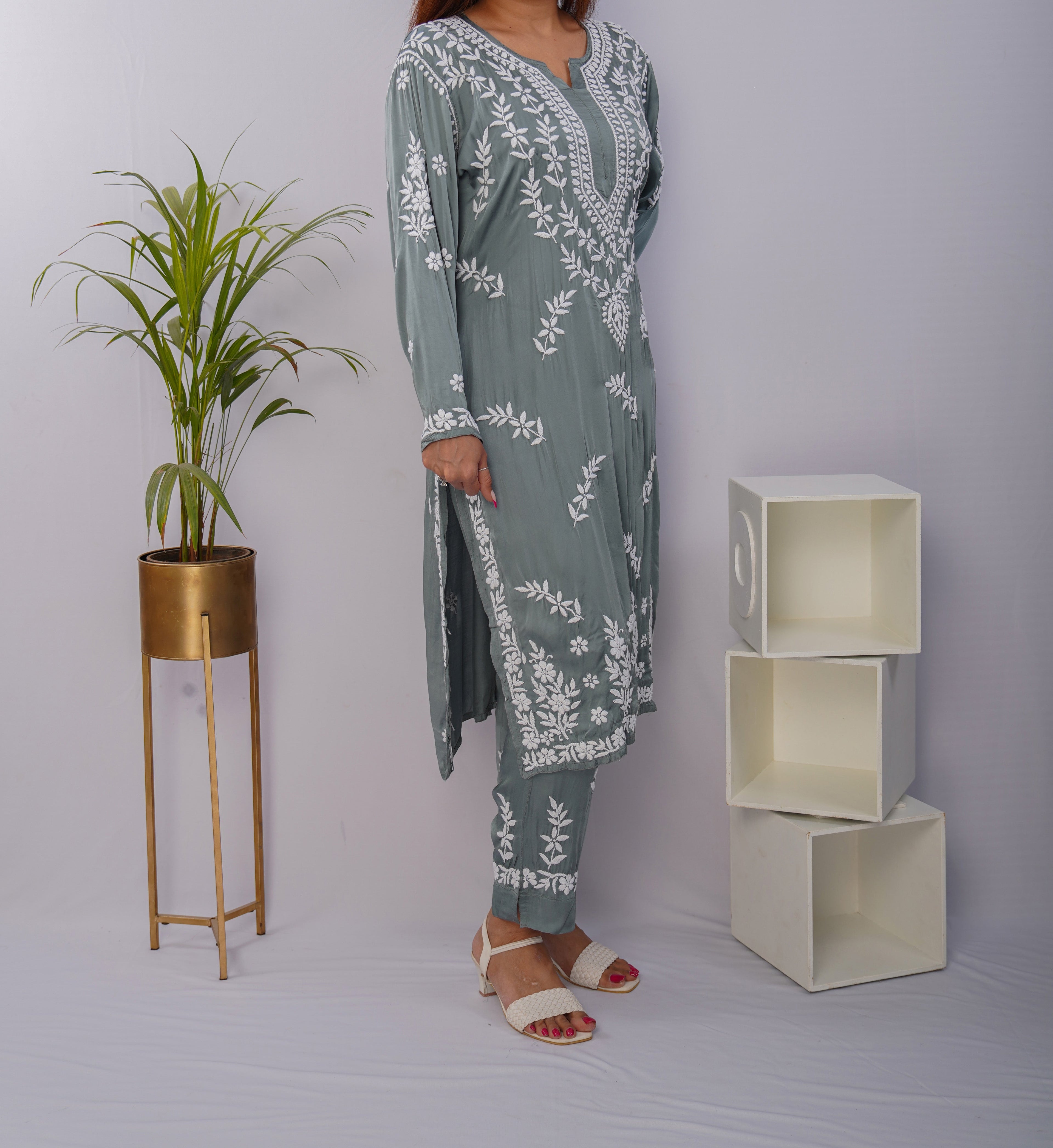 Elegant Sage Green Chikankari Kurta Set in Premium Modal Satin