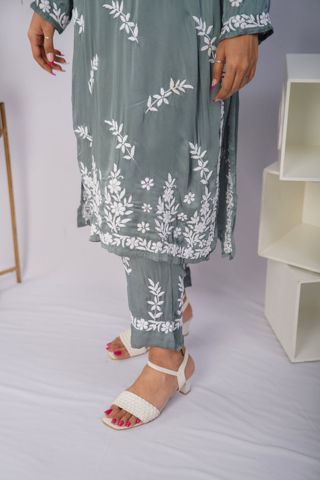 Elegant Sage Green Chikankari Kurta Set in Premium Modal Satin