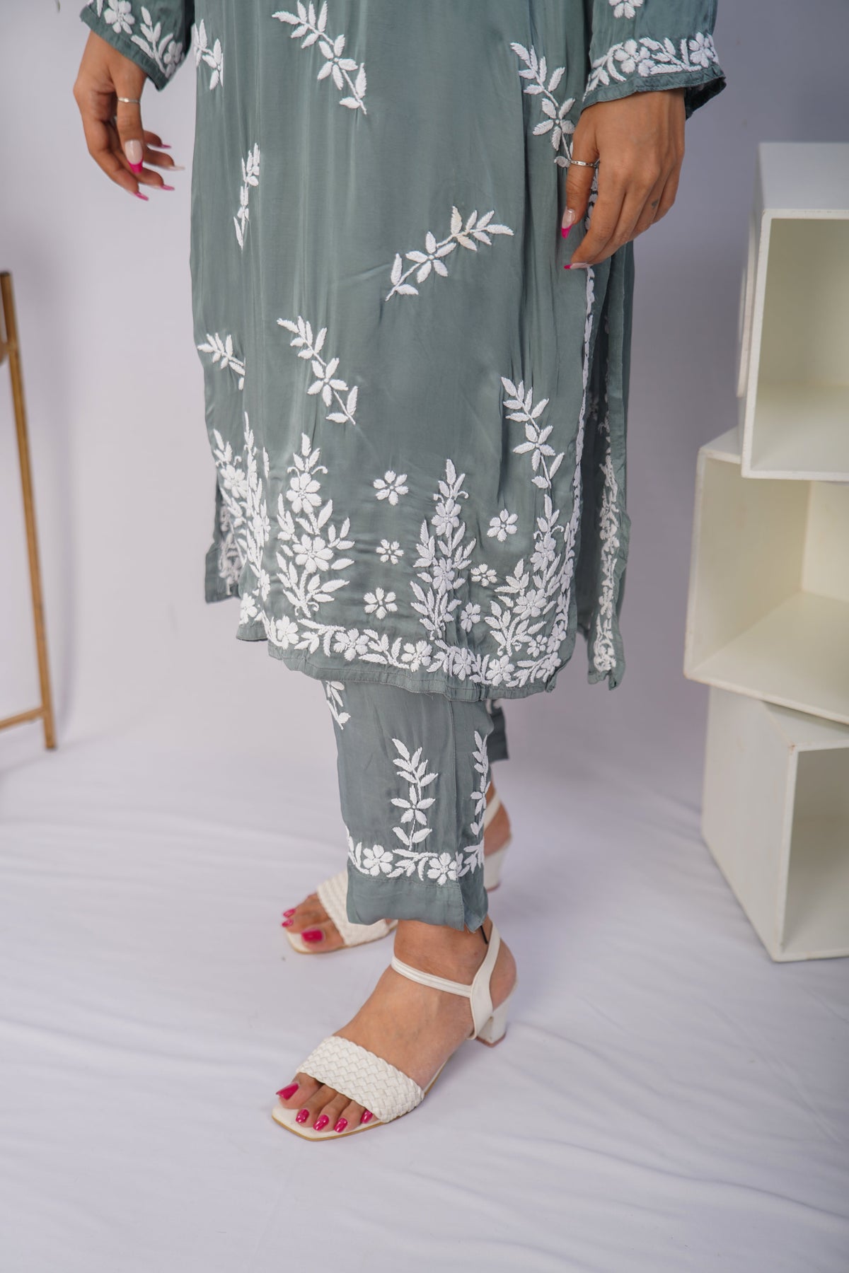 Elegant Sage Green Chikankari Kurta Set in Premium Modal Satin