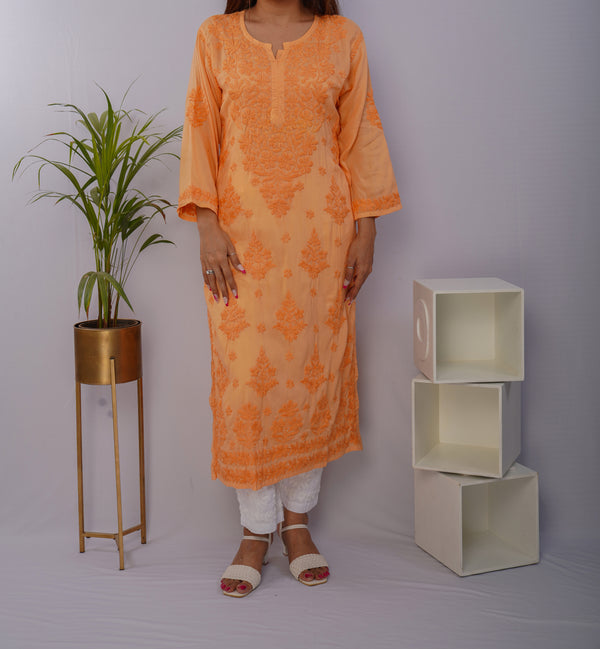 Sunset Peach Pure Mulmul Chikankari Kurta with Hand Embroidery