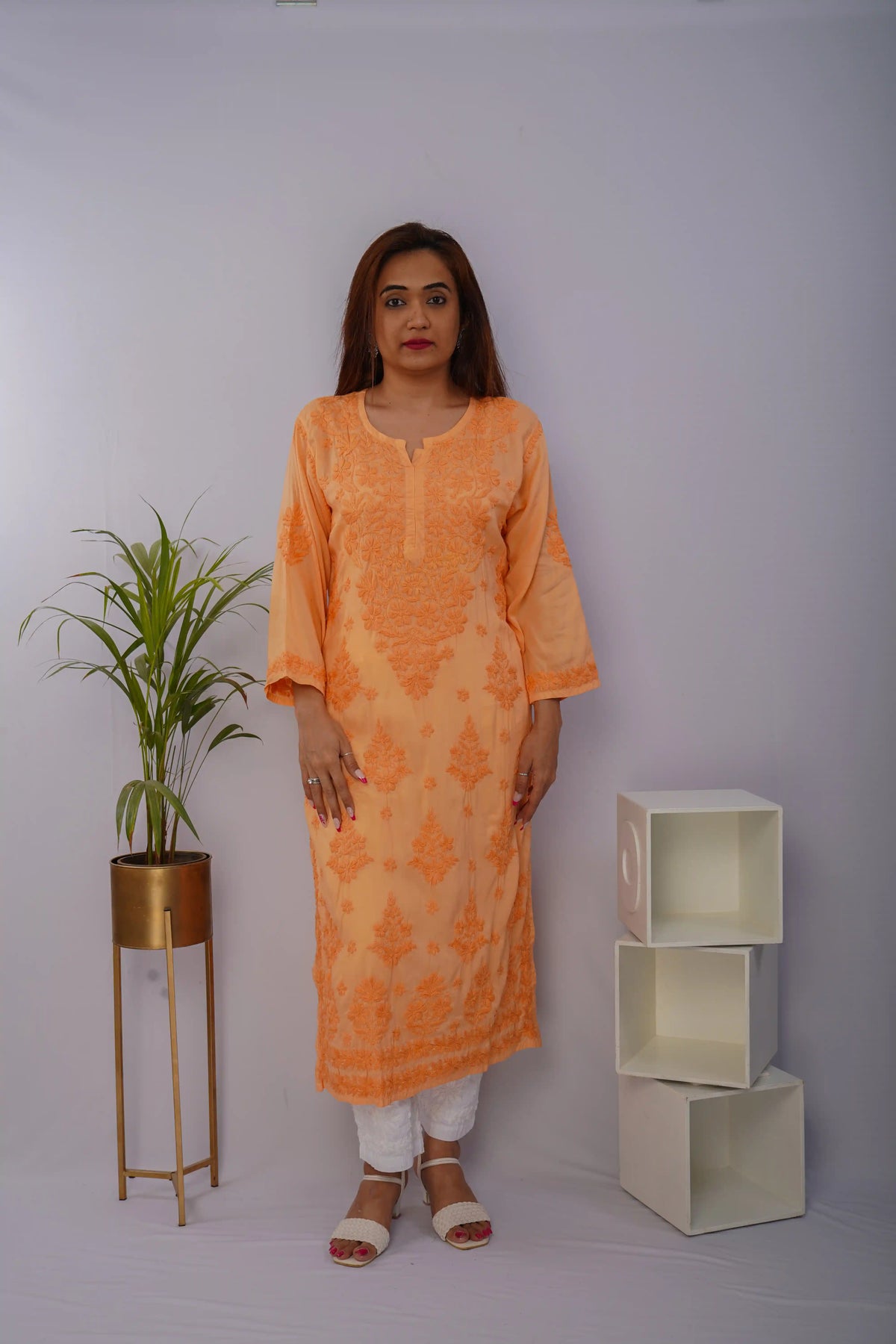 Sunset Peach Pure Mulmul Chikankari Kurta with Hand Embroidery