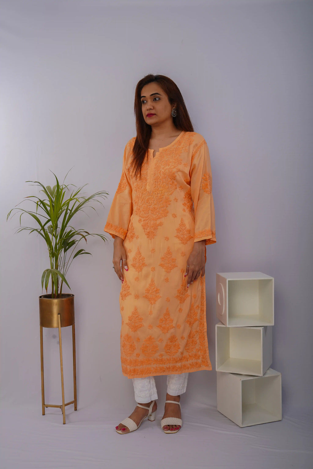 Sunset Peach Pure Mulmul Chikankari Kurta with Hand Embroidery