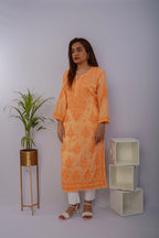 Sunset Peach Pure Mulmul Chikankari Kurta with Hand Embroidery