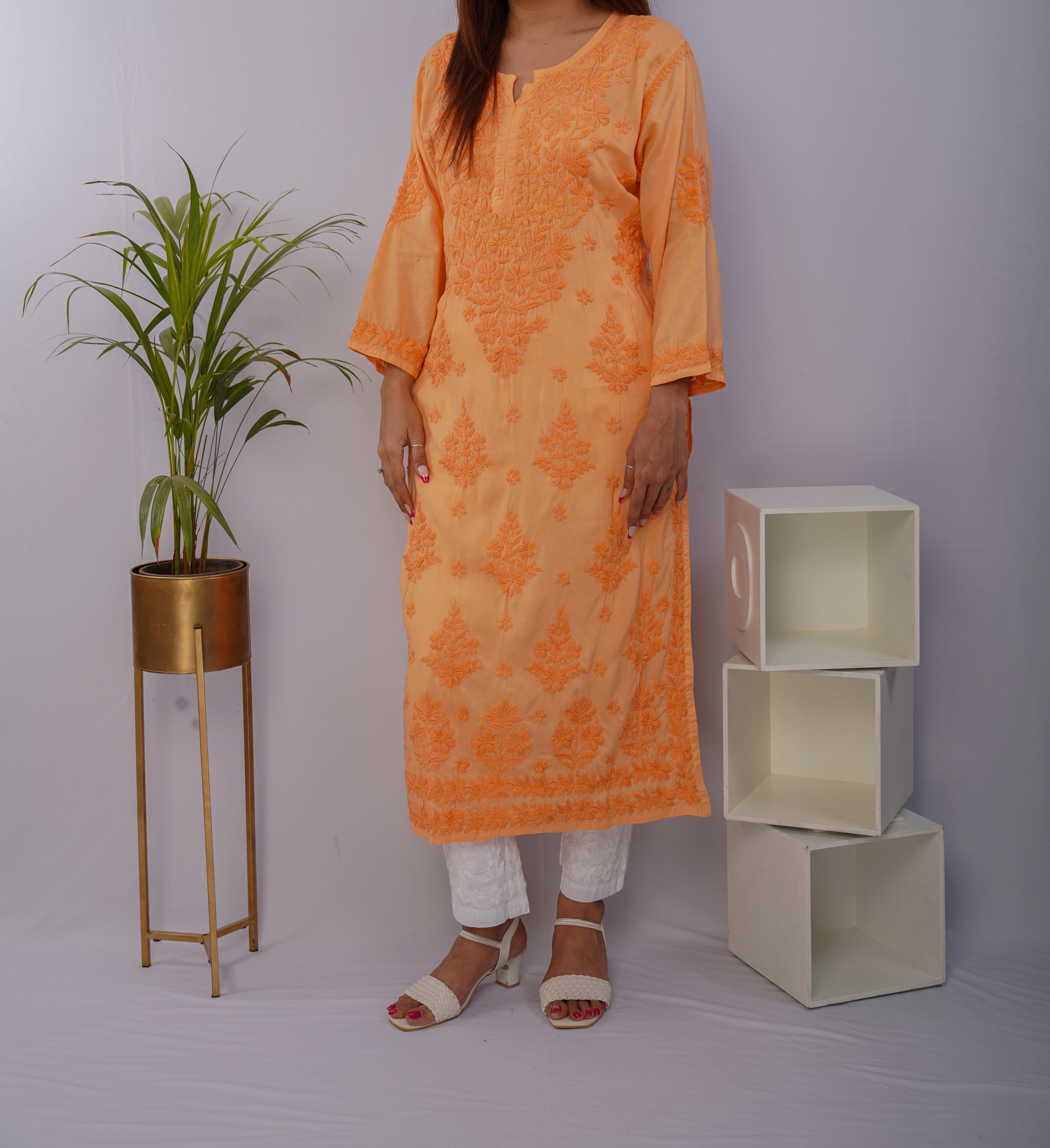 Sunset Peach Pure Mulmul Chikankari Kurta with Hand Embroidery
