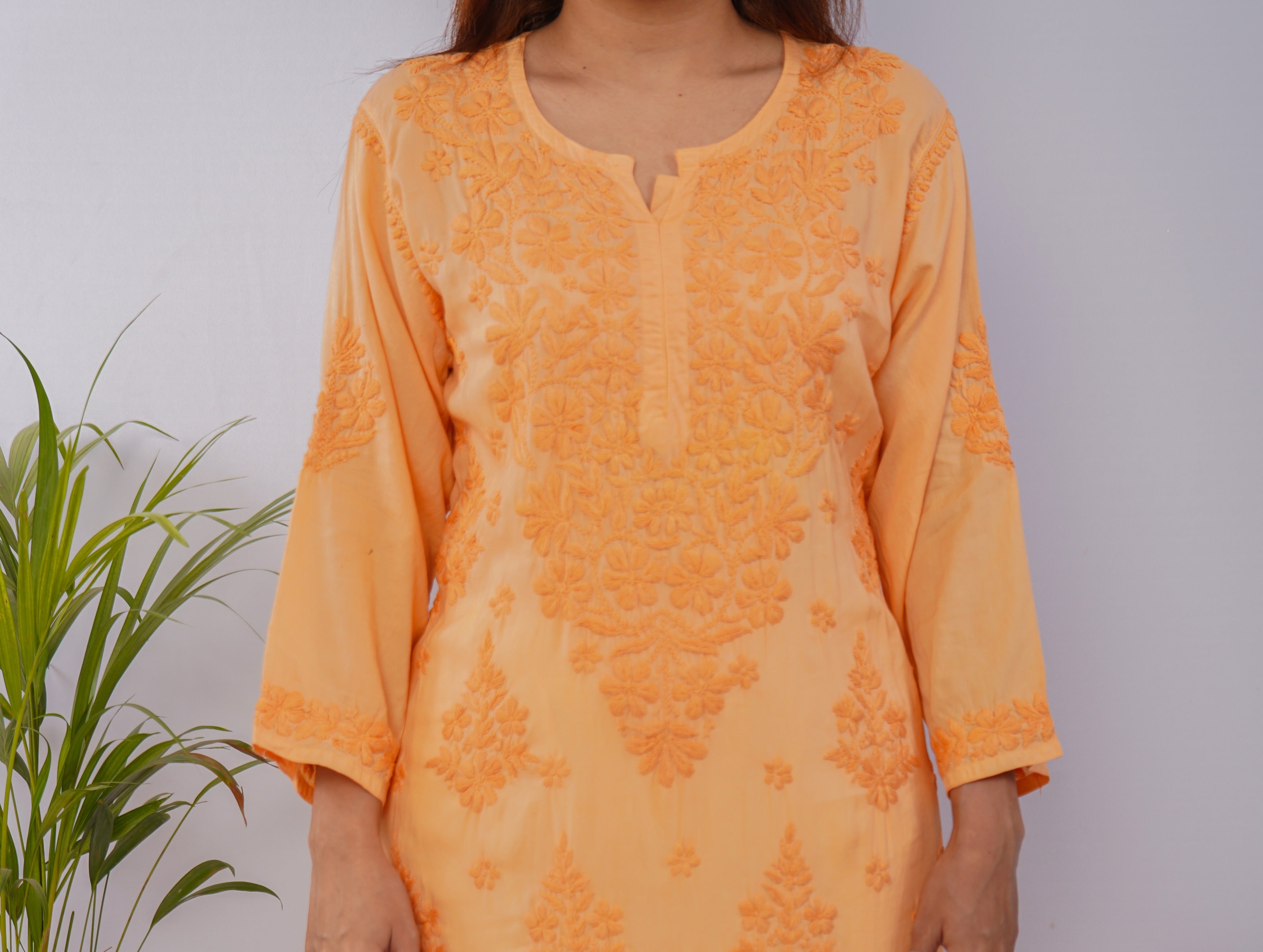 Sunset Peach Pure Mulmul Chikankari Kurta with Hand Embroidery