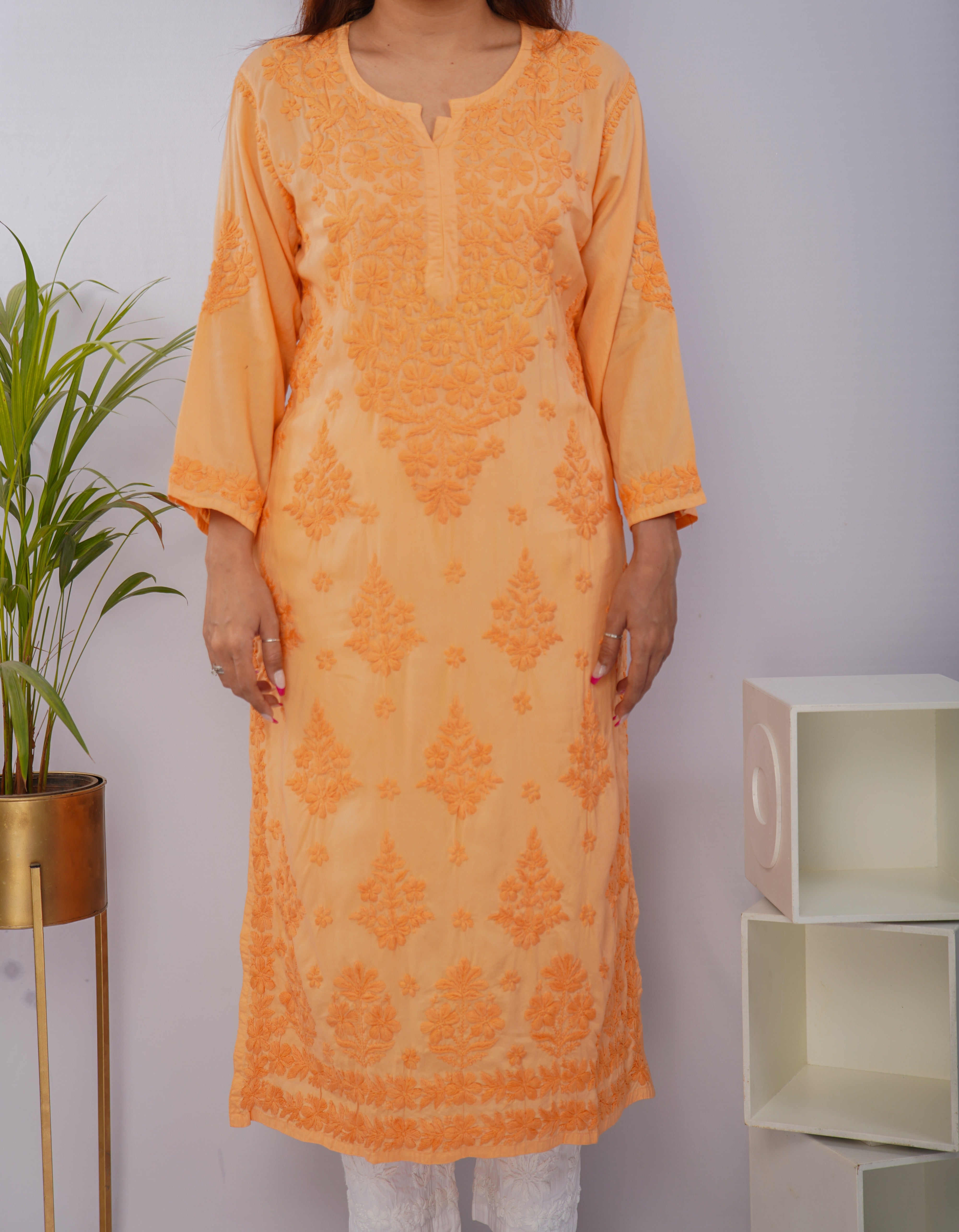 Sunset Peach Pure Mulmul Chikankari Kurta with Hand Embroidery
