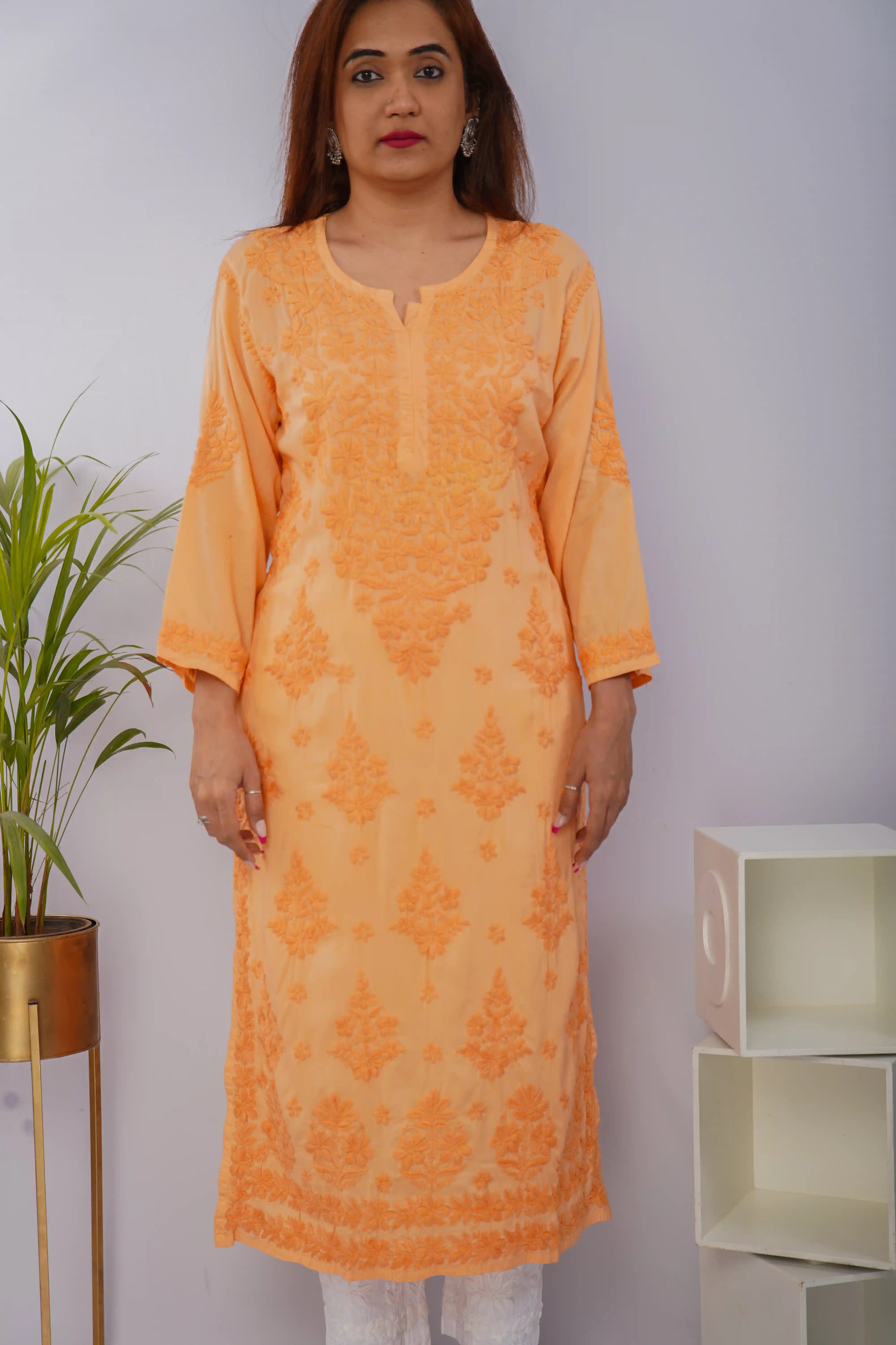 Sunset Peach Pure Mulmul Chikankari Kurta with Hand Embroidery