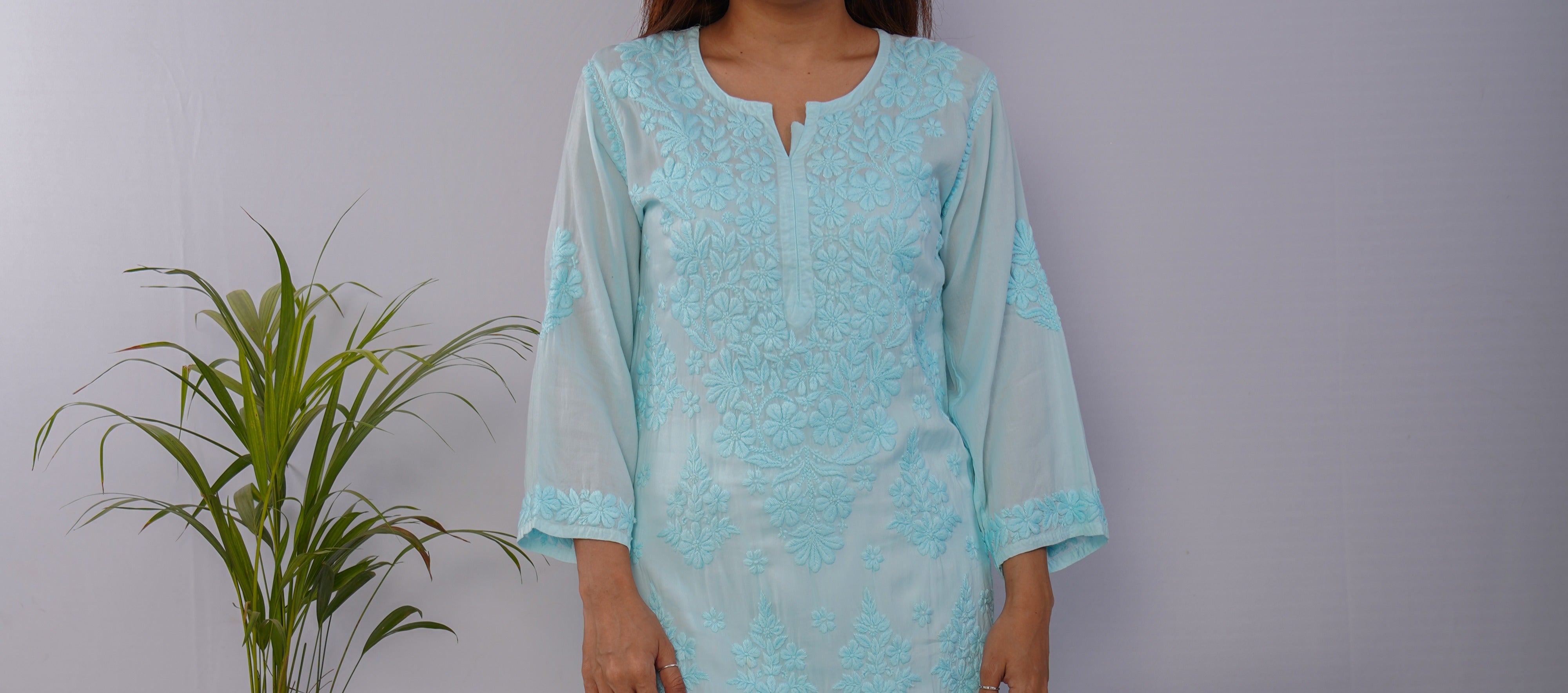 Icy Aqua Pure Mulmul Chikankari Kurta with Hand Embroidery