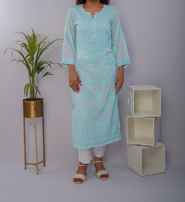 Icy Aqua Pure Mulmul Chikankari Kurta with Hand Embroidery