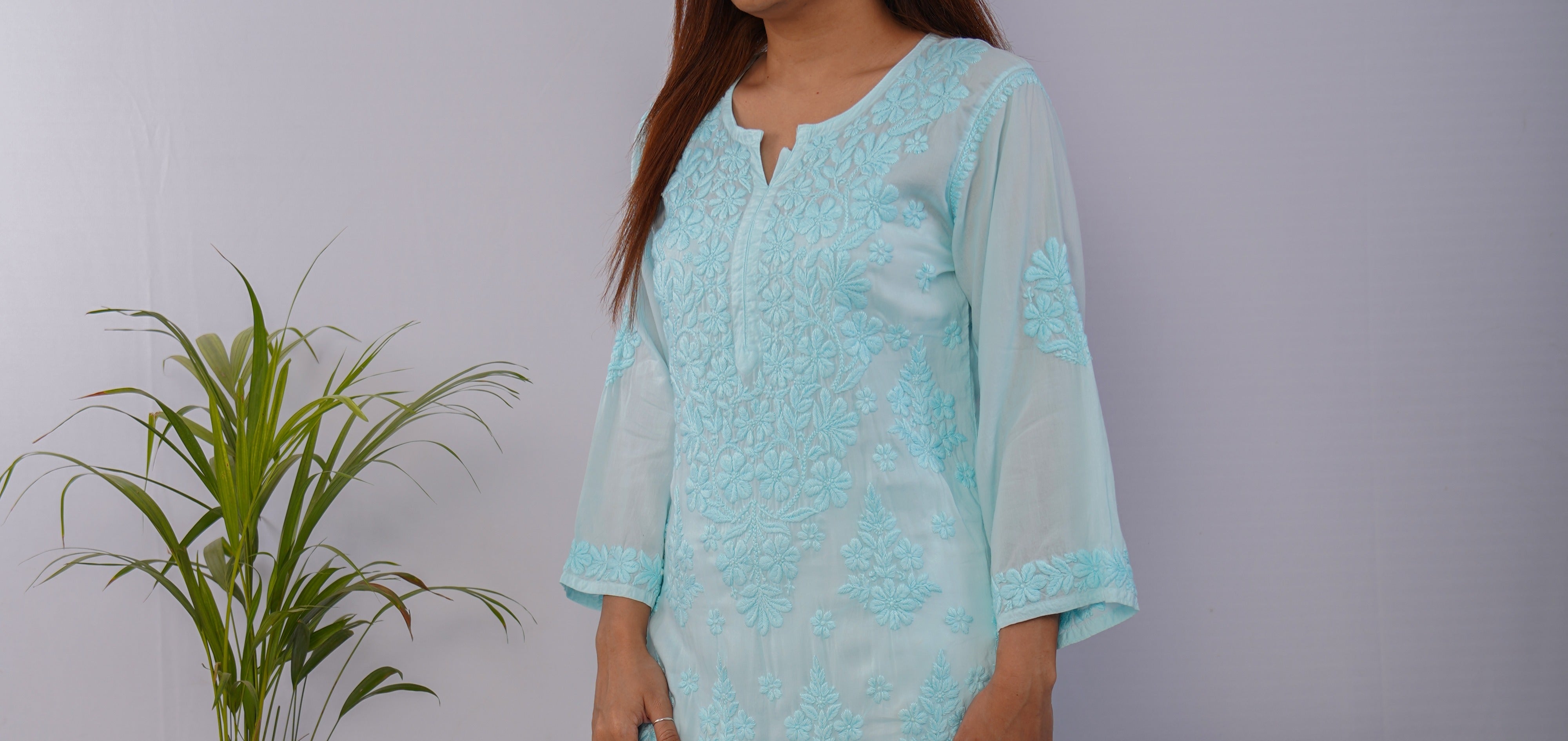 Icy Aqua Pure Mulmul Chikankari Kurta with Hand Embroidery