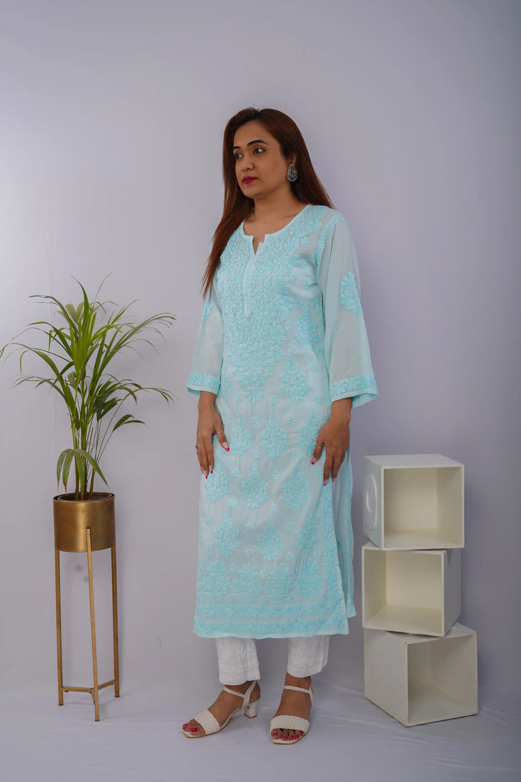 Icy Aqua Pure Mulmul Chikankari Kurta with Hand Embroidery