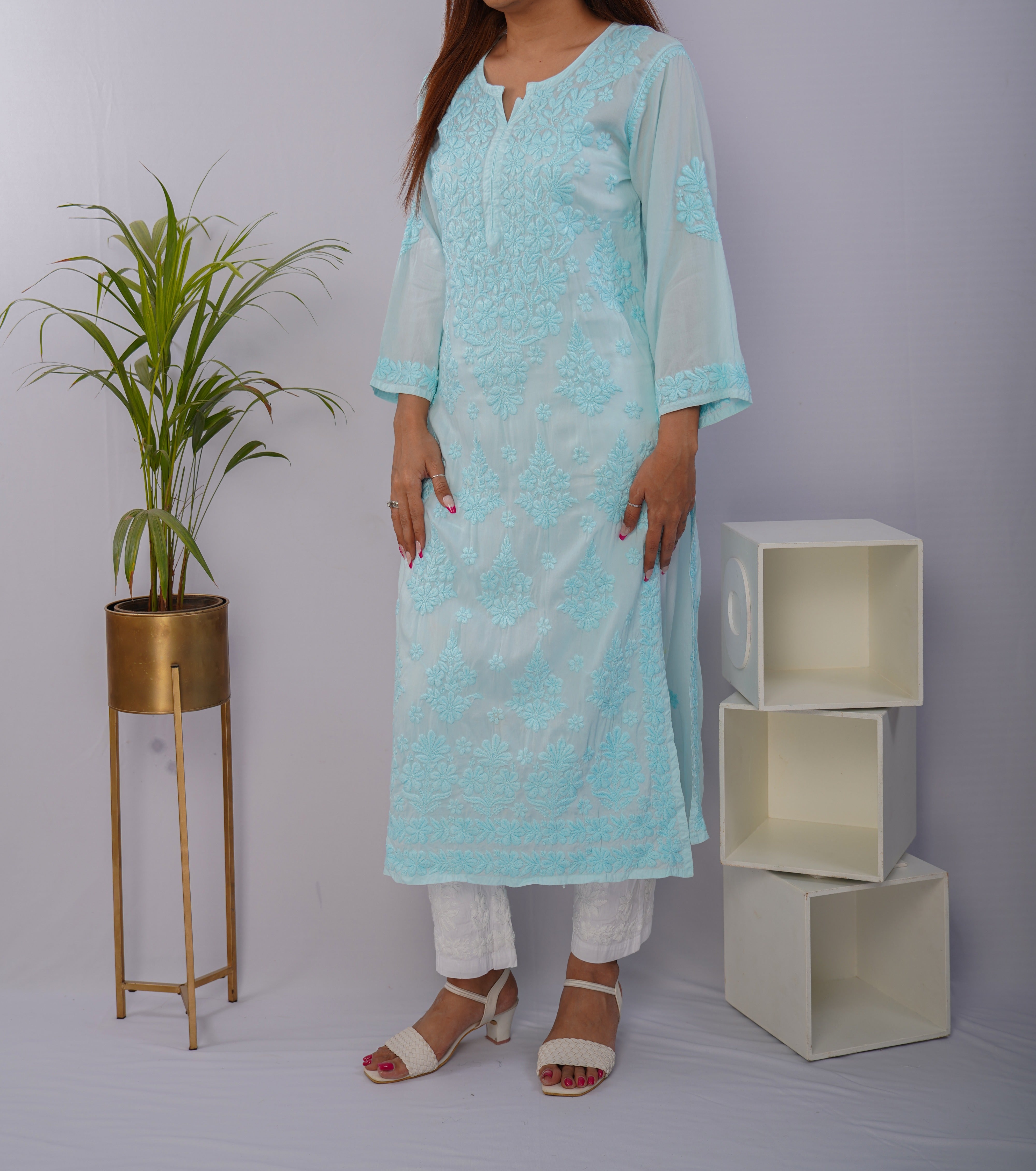 Icy Aqua Pure Mulmul Chikankari Kurta with Hand Embroidery
