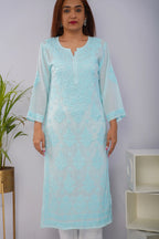 Icy Aqua Pure Mulmul Chikankari Kurta with Hand Embroidery