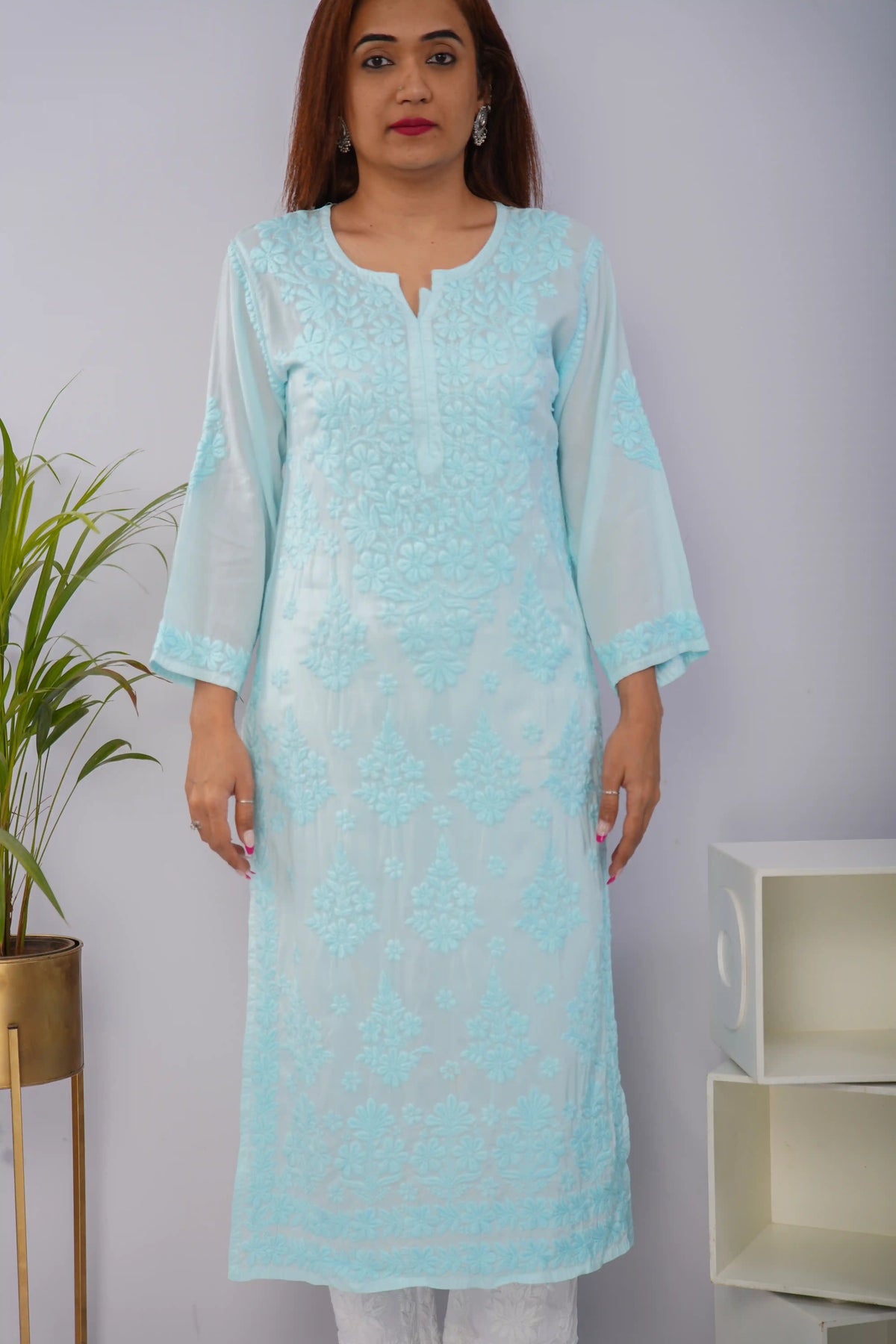 Icy Aqua Pure Mulmul Chikankari Kurta with Hand Embroidery