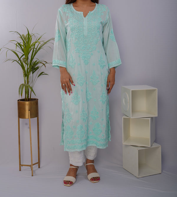 Mint Mist Pure Mulmul Chikankari Kurta with Hand Embroidery