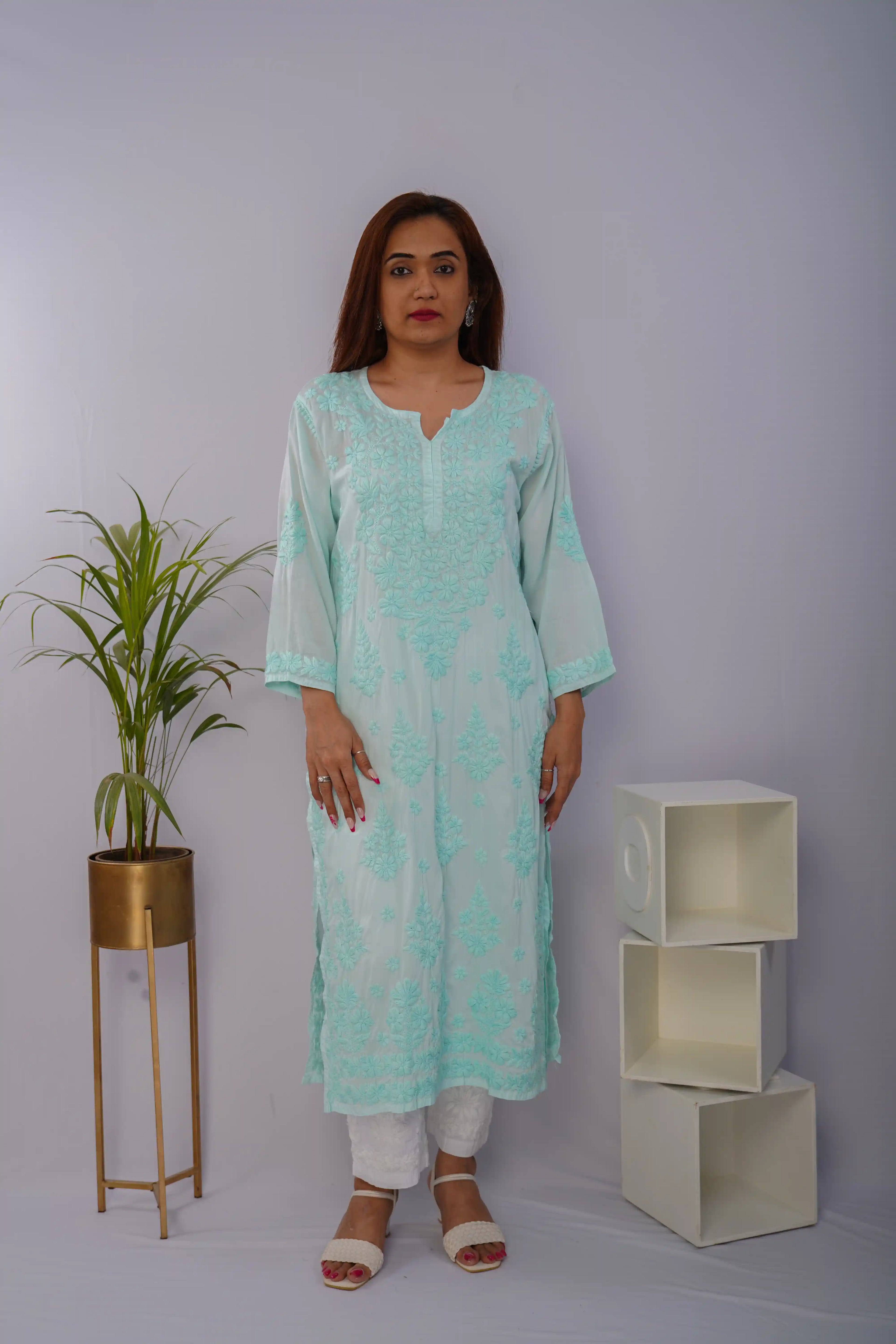 Mint Mist Pure Mulmul Chikankari Kurta with Hand Embroidery