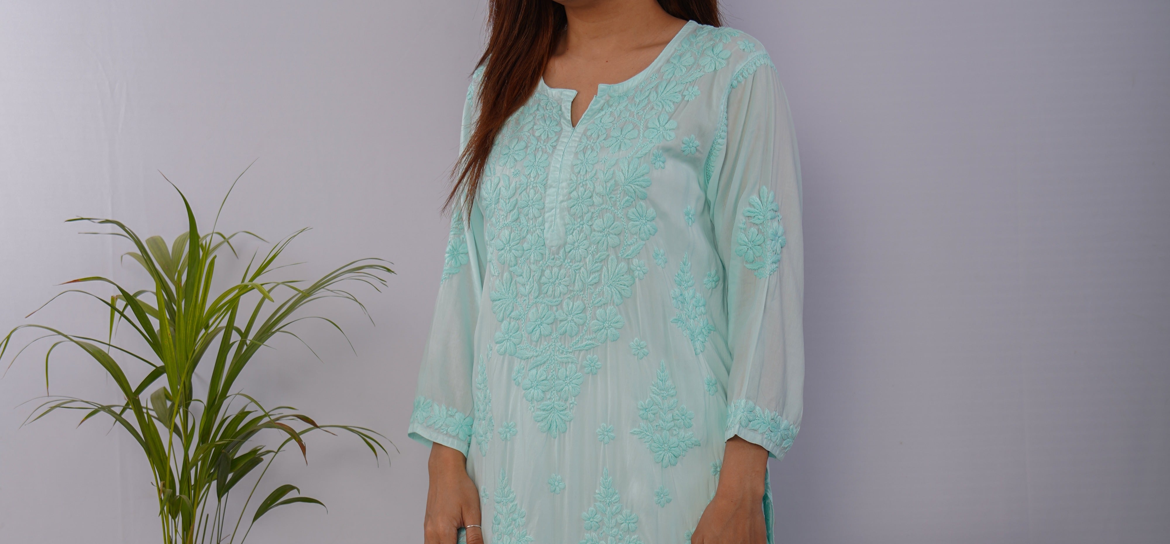 Mint Mist Pure Mulmul Chikankari Kurta with Hand Embroidery