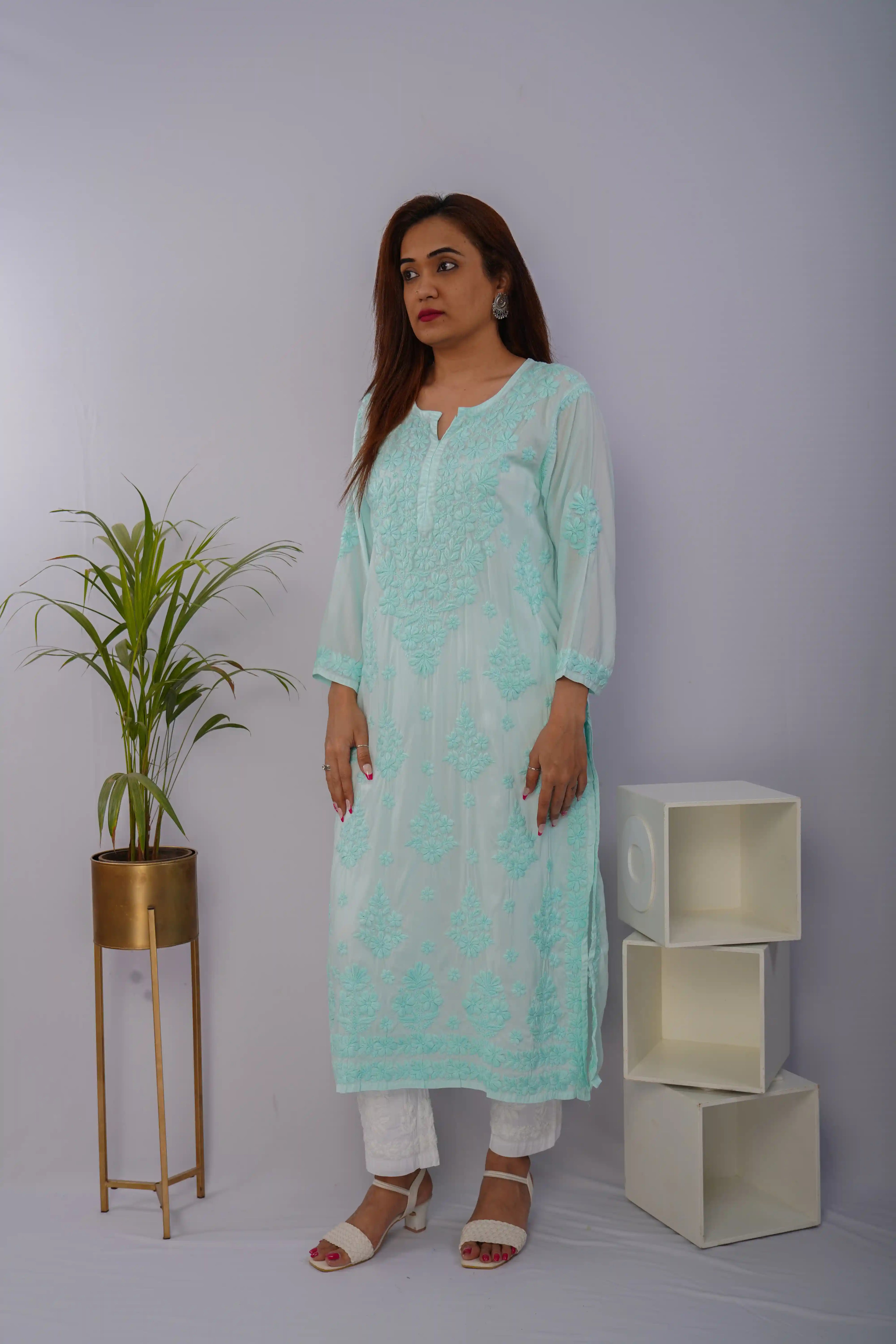 Mint Mist Pure Mulmul Chikankari Kurta with Hand Embroidery
