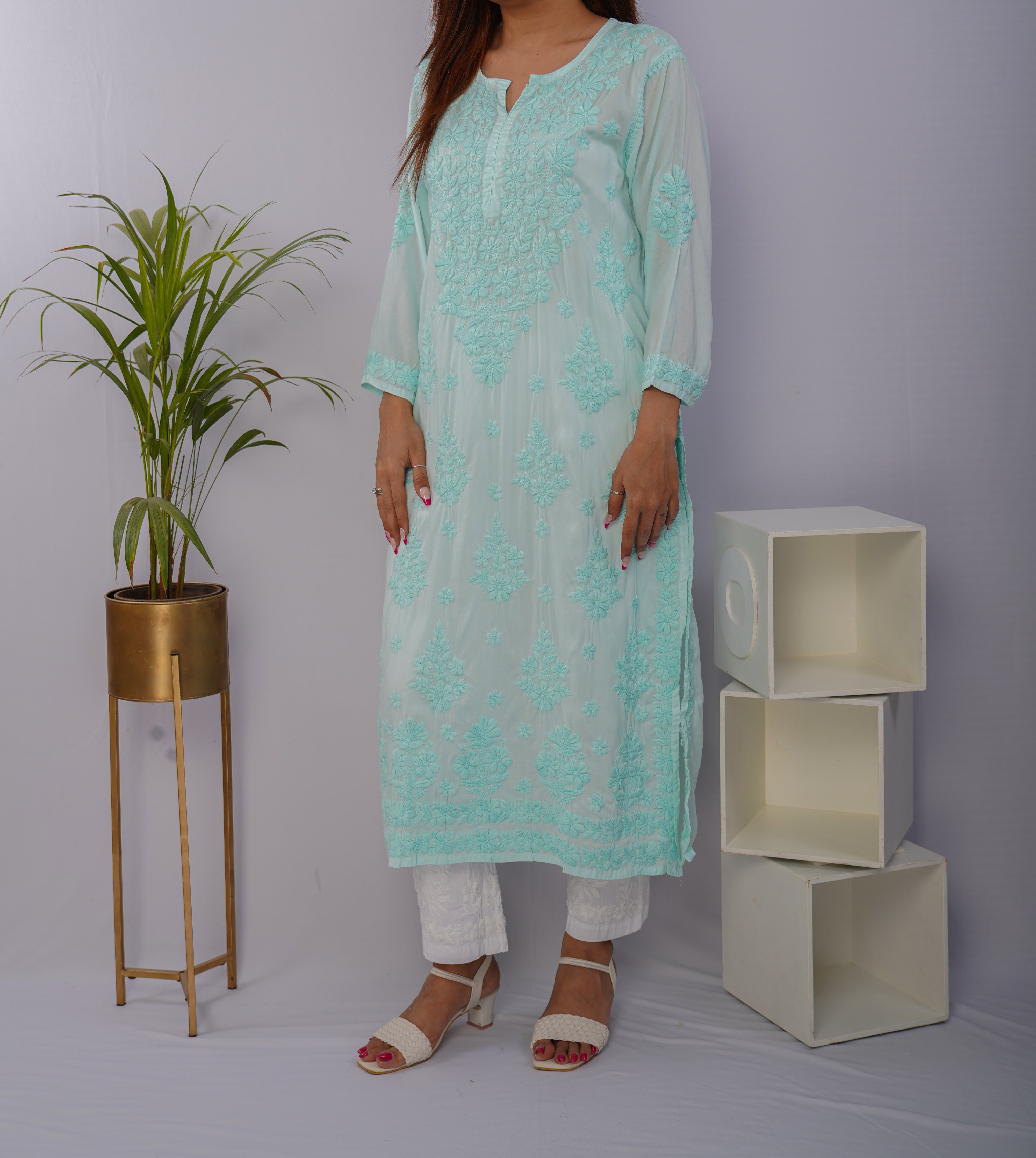 Mint Mist Pure Mulmul Chikankari Kurta with Hand Embroidery