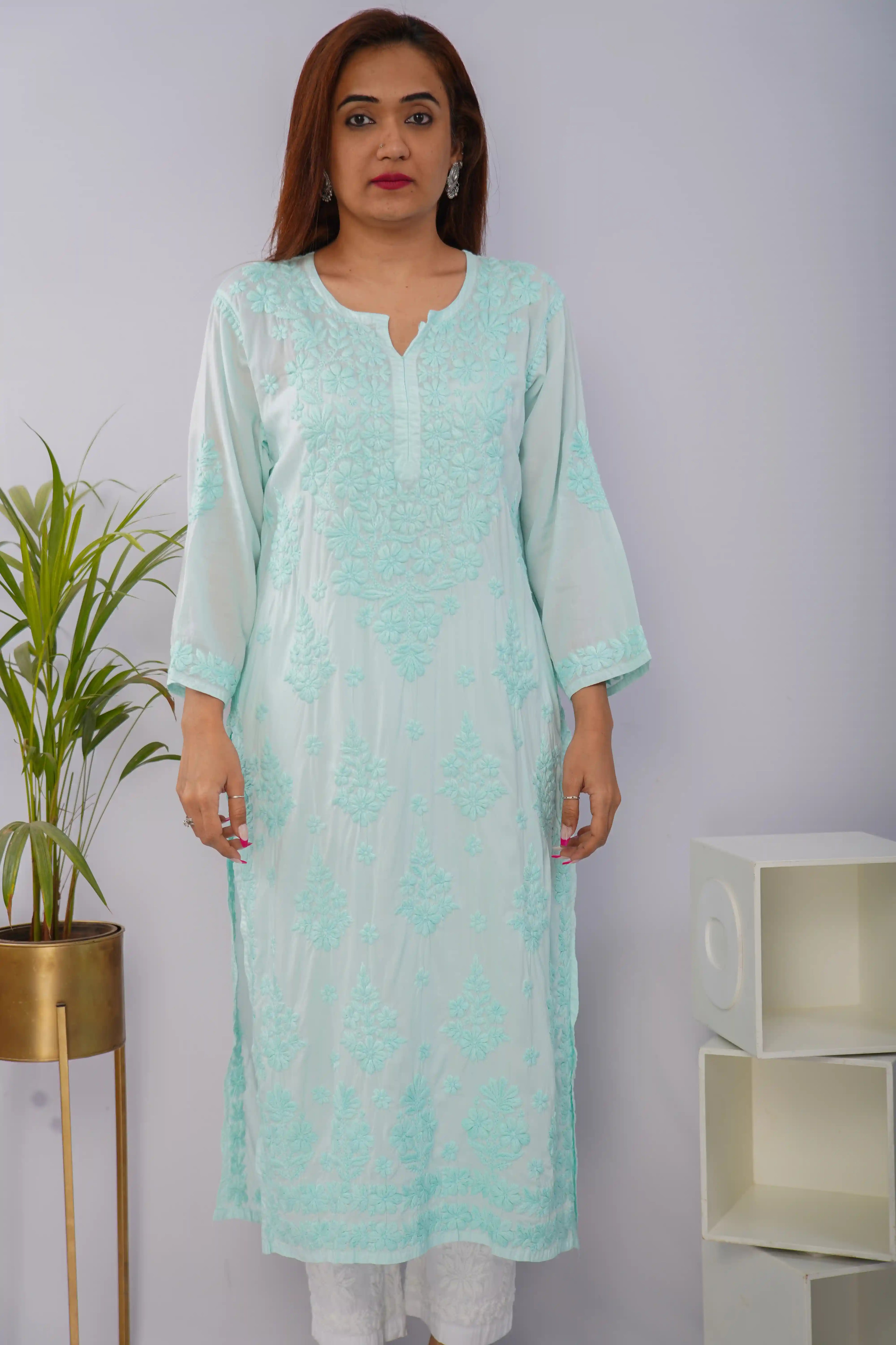 Mint Mist Pure Mulmul Chikankari Kurta with Hand Embroidery